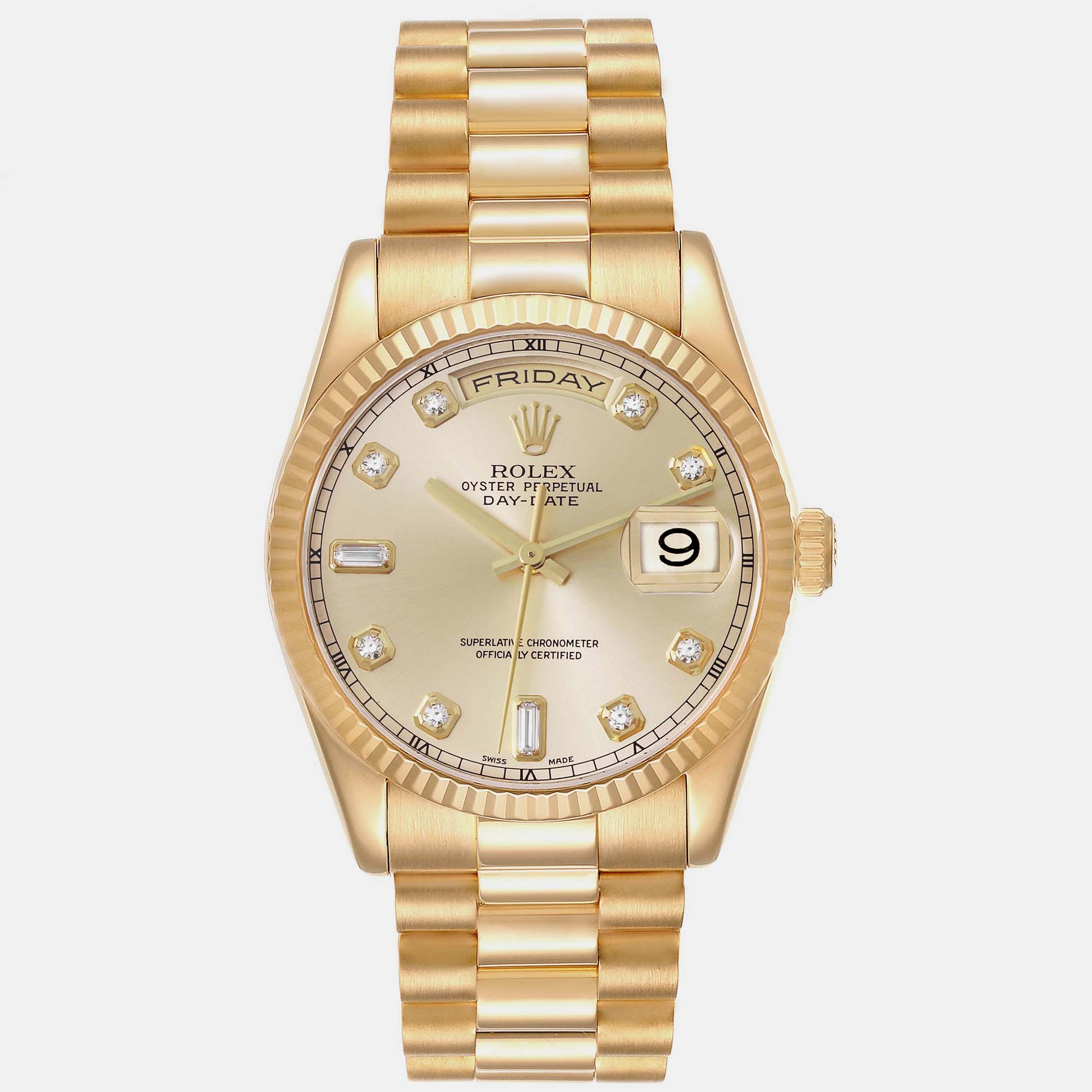 

Rolex President Day-Date Yellow Gold Diamond Dial Men's Watch 118238 36 mm