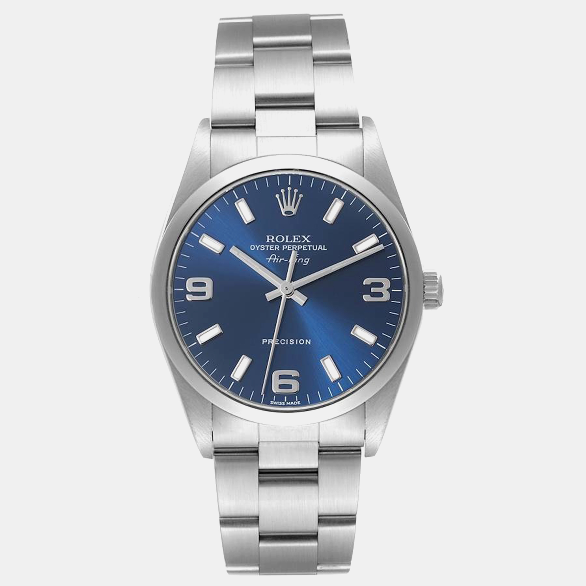 Pre-owned Rolex Air King Blue Dial Smooth Bezel Steel Men's Watch 34 Mm