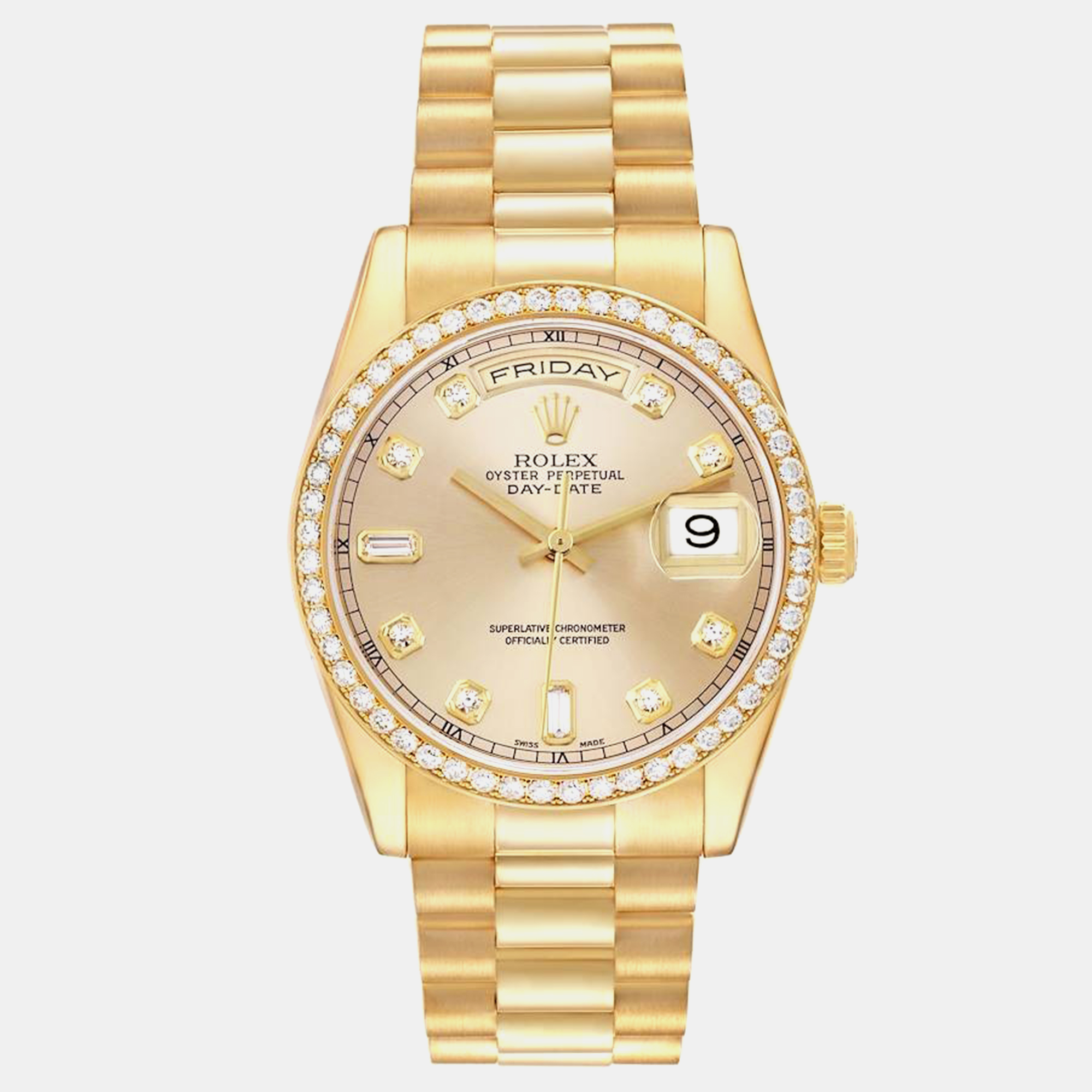 

Rolex Day-Date President Yellow Gold Diamond Bezel Men's Watch 118348 36 mm