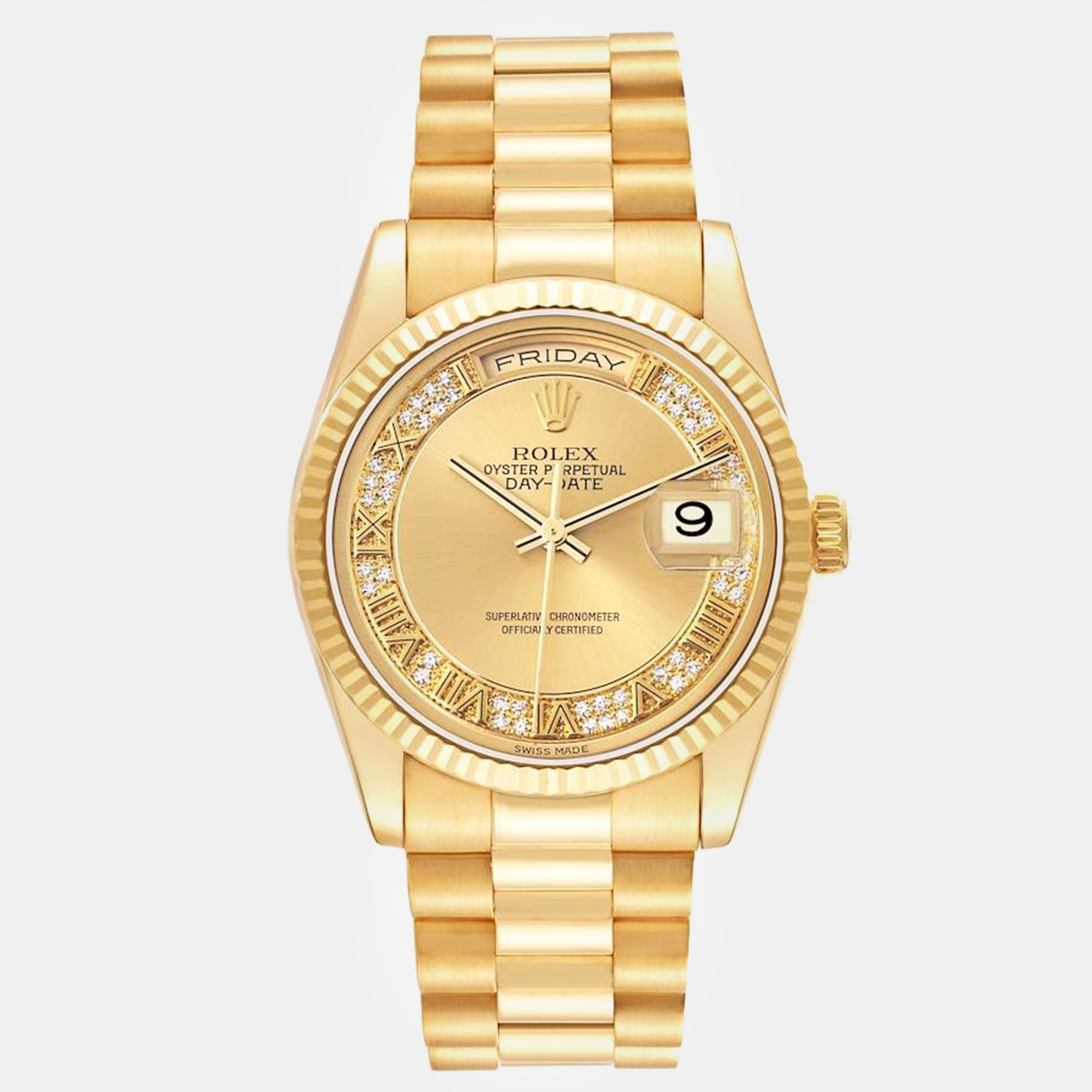 

Rolex President Day-Date Yellow Gold Myriad Diamond Dial Men's Watch 118238 36 mm