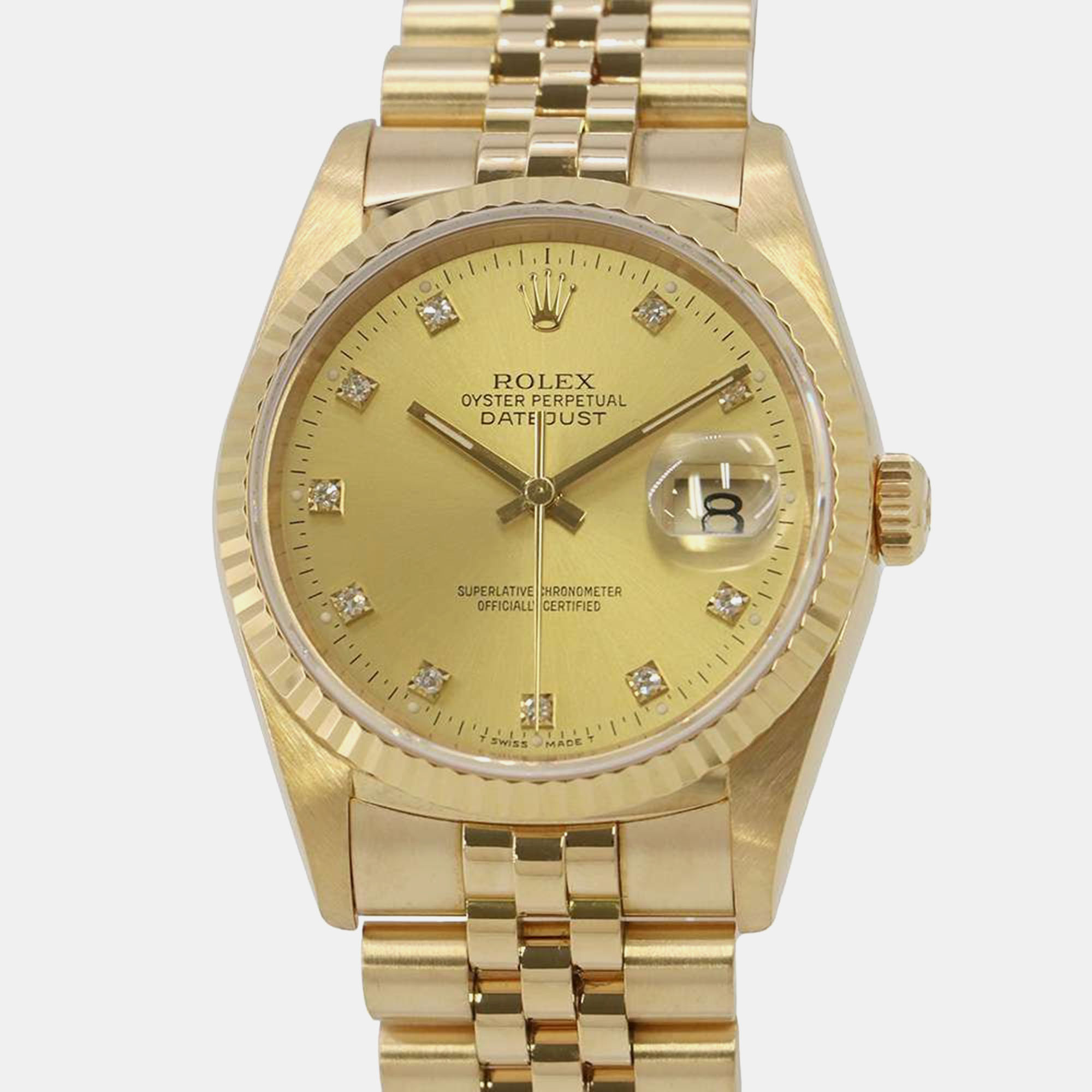 

Rolex Champagne 18k Yellow Gold Diamond Datejust 16238 Automatic Men's Wristwatch 36 mm