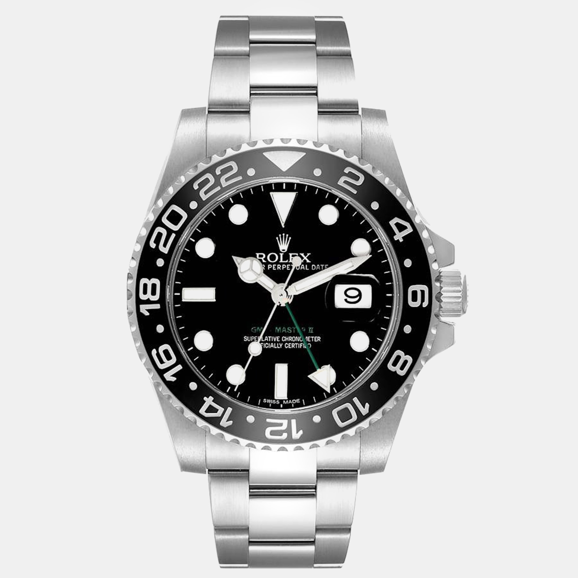 

Rolex GMT Master II Green Hand Black Dial Steel Mens Watch 116710