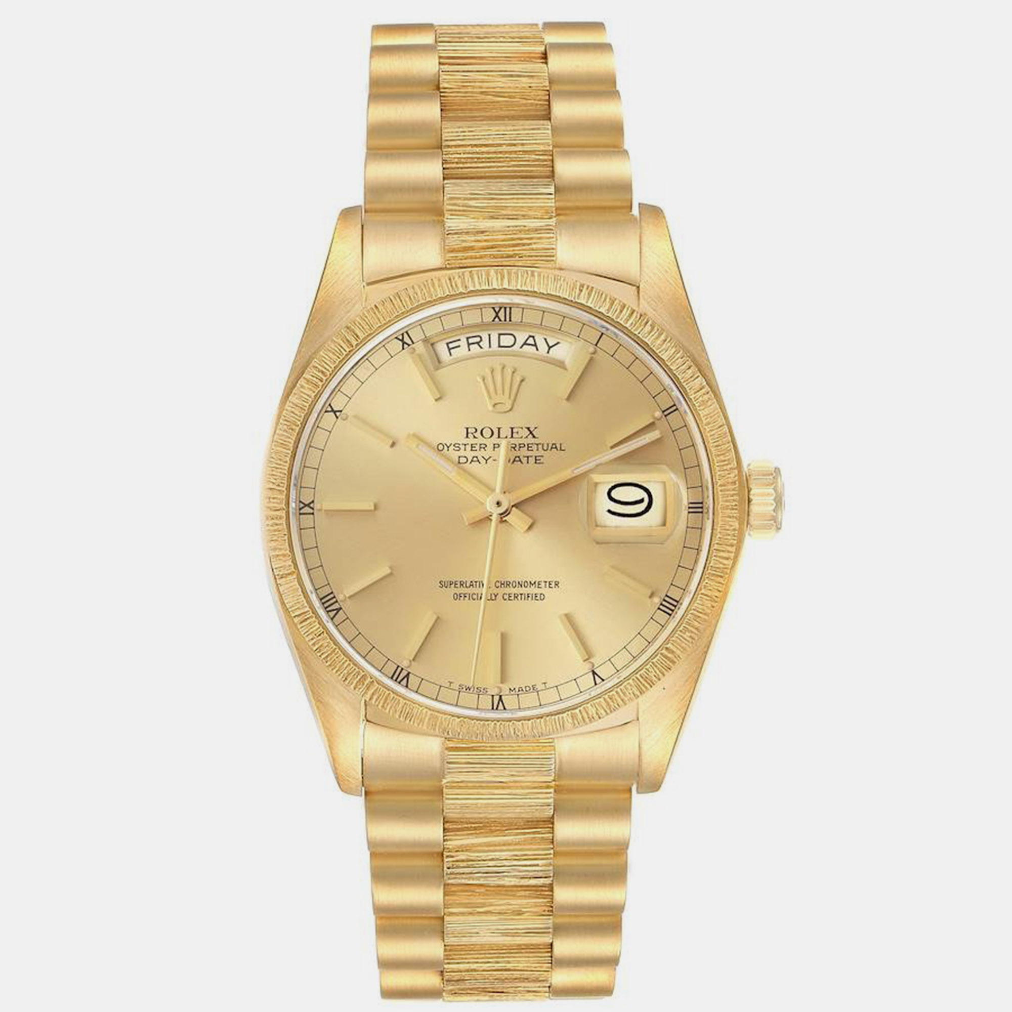 Pre-owned Rolex President Day-date Yellow Gold Bark Finish Mens Watch 18078