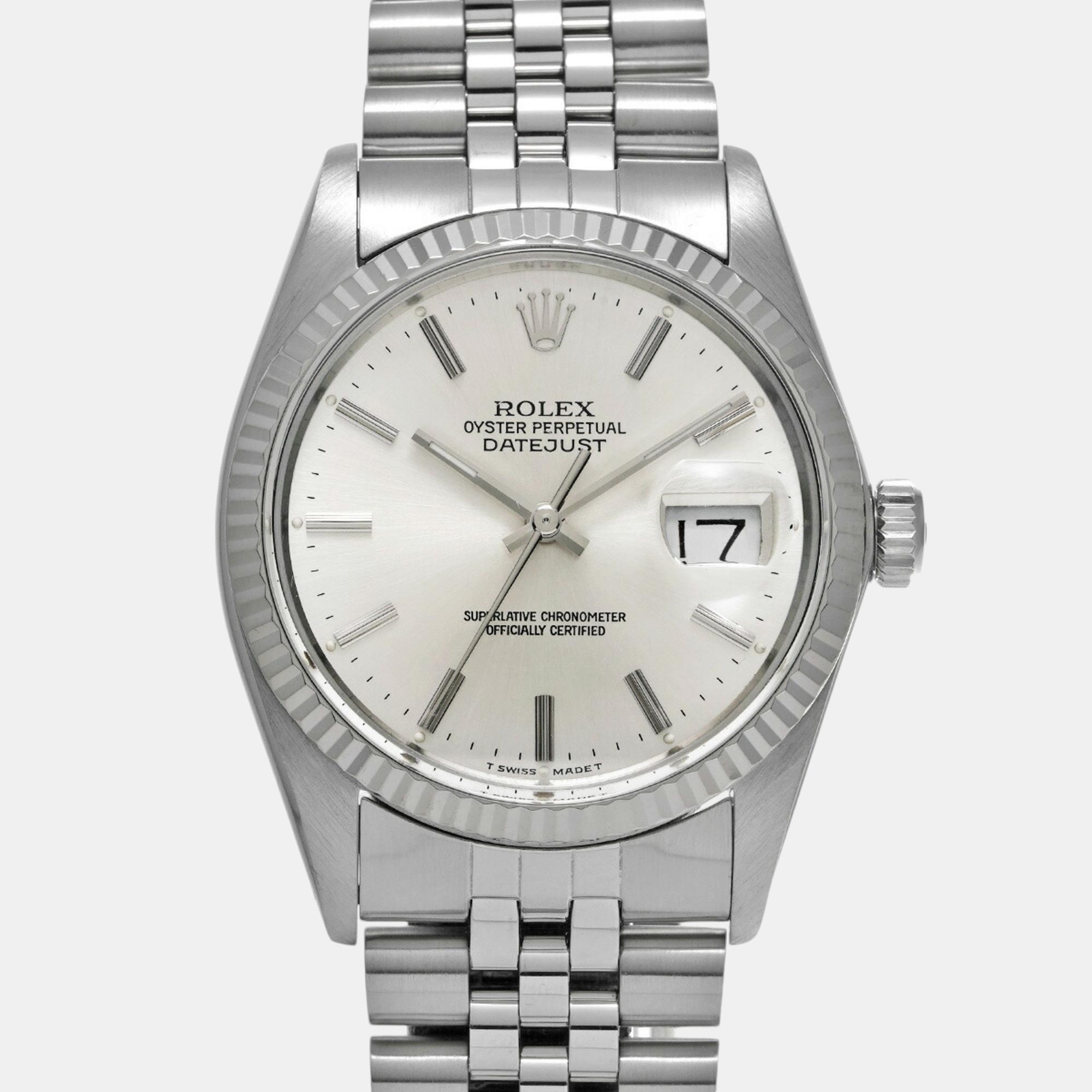 

Rolex Silver 18k White Gold Stainless Steel Datejust 16014 Automatic Men's Wristwatch 36 mm