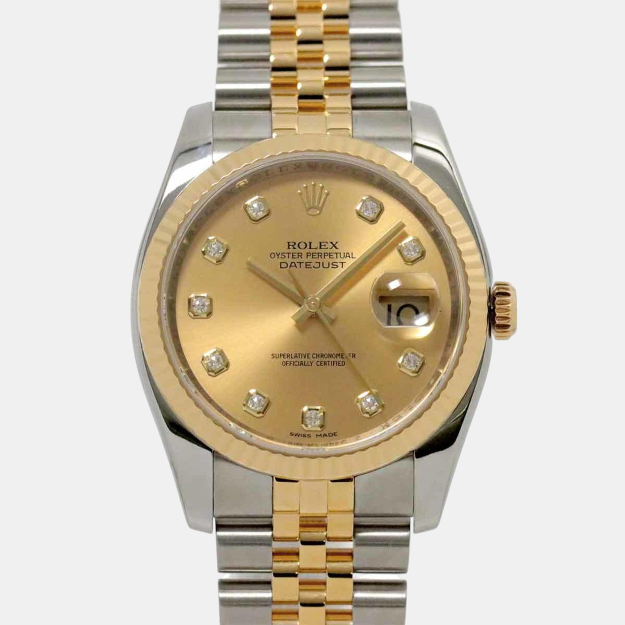 

Rolex Champagne Diamond 18k Yellow Gold Stainless Steel Datejust 116233 Automatic Men's Wristwatch 37 mm