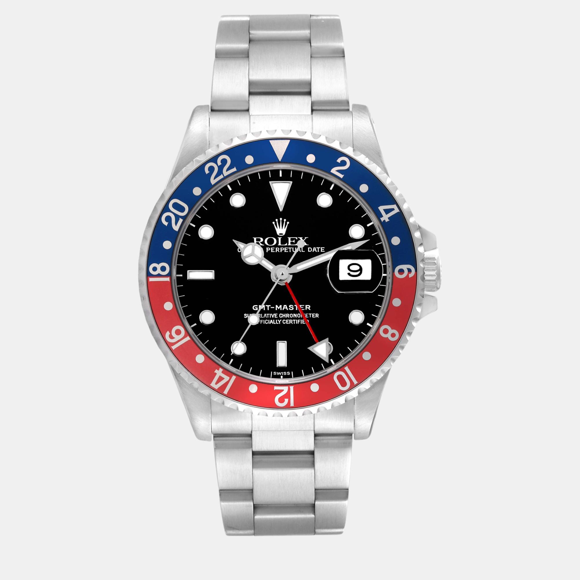 

Rolex GMT Master  Blue Red Pepsi Bezel Steel Mens Watch 16700, Black