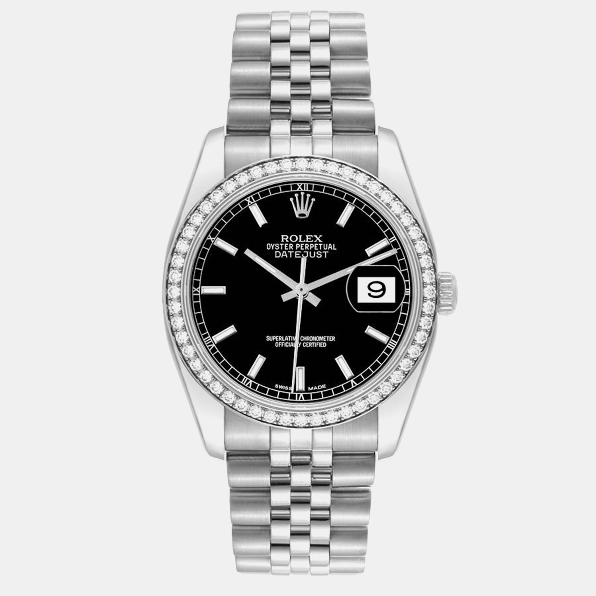 Pre-owned Rolex Datejust Black Dial Diamond Steel Men's Watch 36.0 Mm