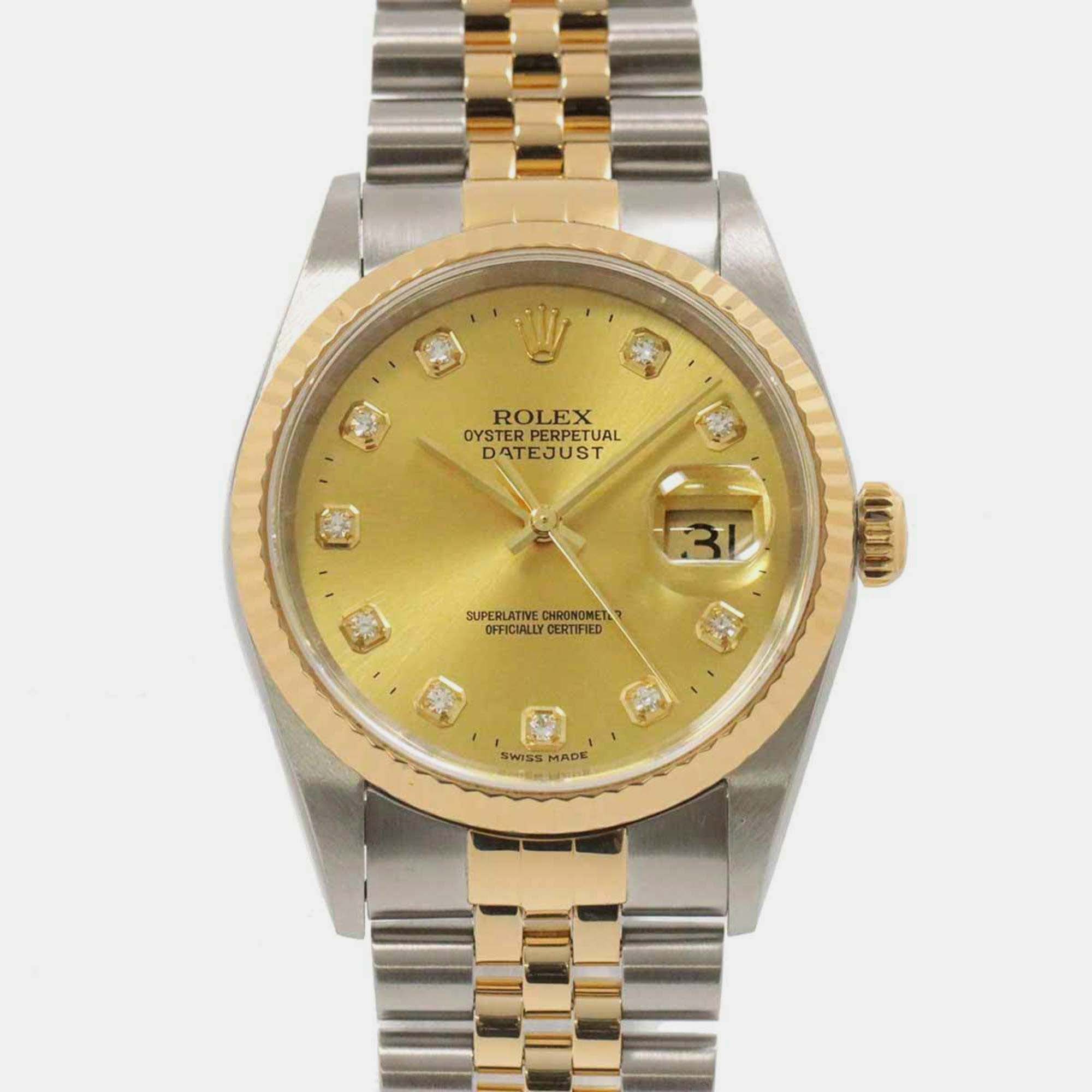 Pre-owned Rolex Champagne Diamond 18k Yellow Gold Stainless Steel Datejust 16233 Automatic Men's Wristwatch 36 Mm