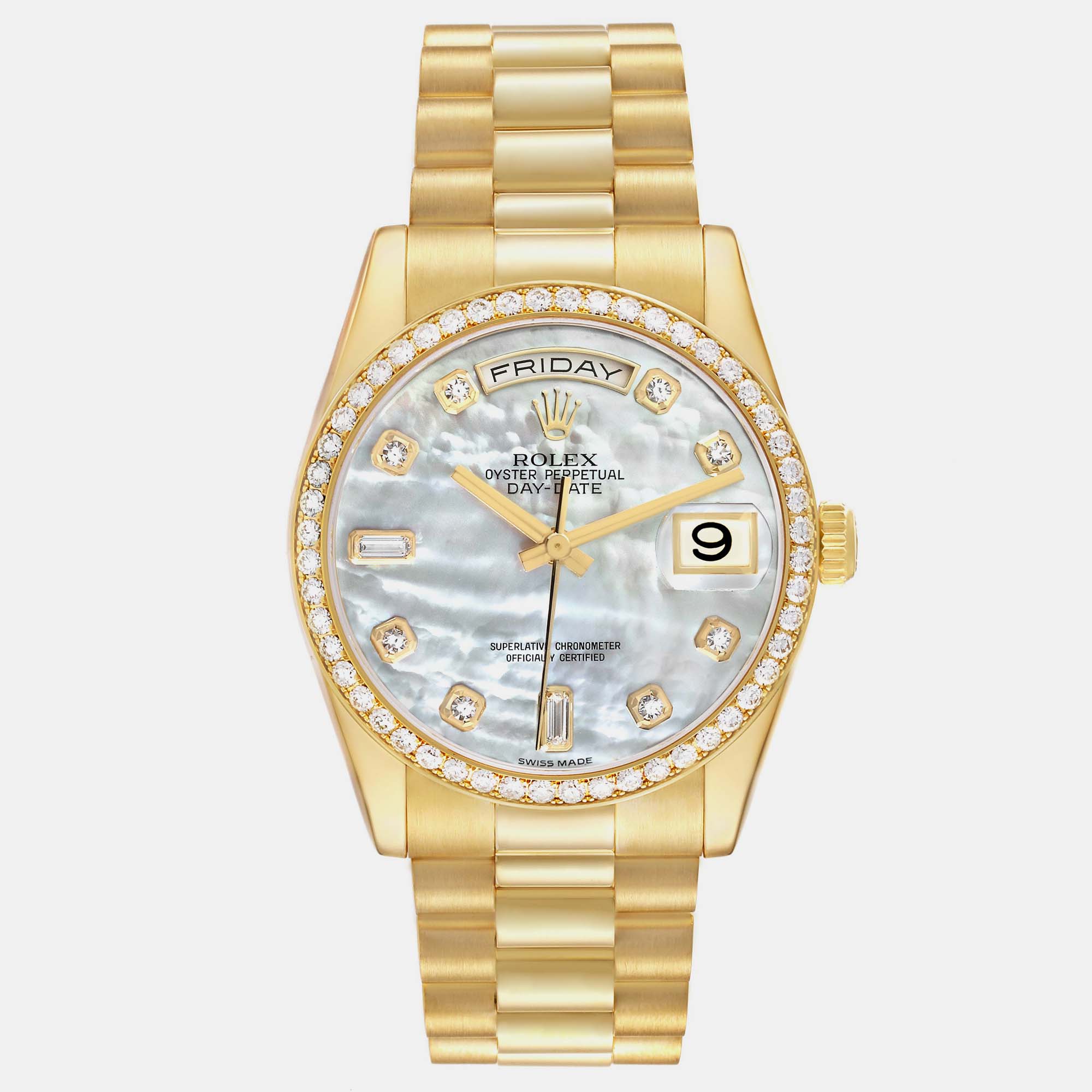 

Rolex Day-Date President Yellow Gold MOP Diamond Men's Watch 36.0 mm, White