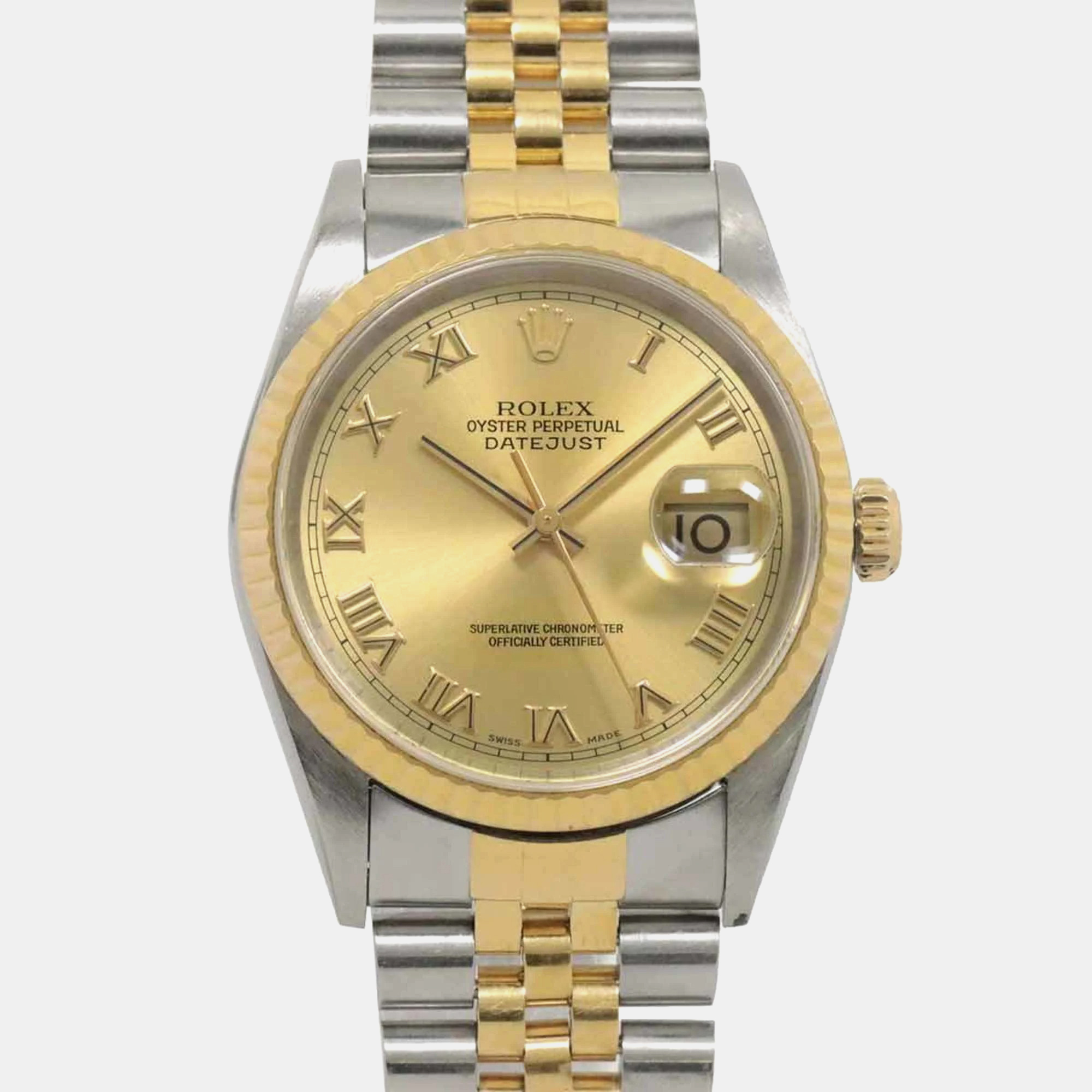 Pre-owned Rolex Champagne 18k Yellow Gold Stainless Steel Datejust 16233 Automatic Men's Wristwatch 36 Mm