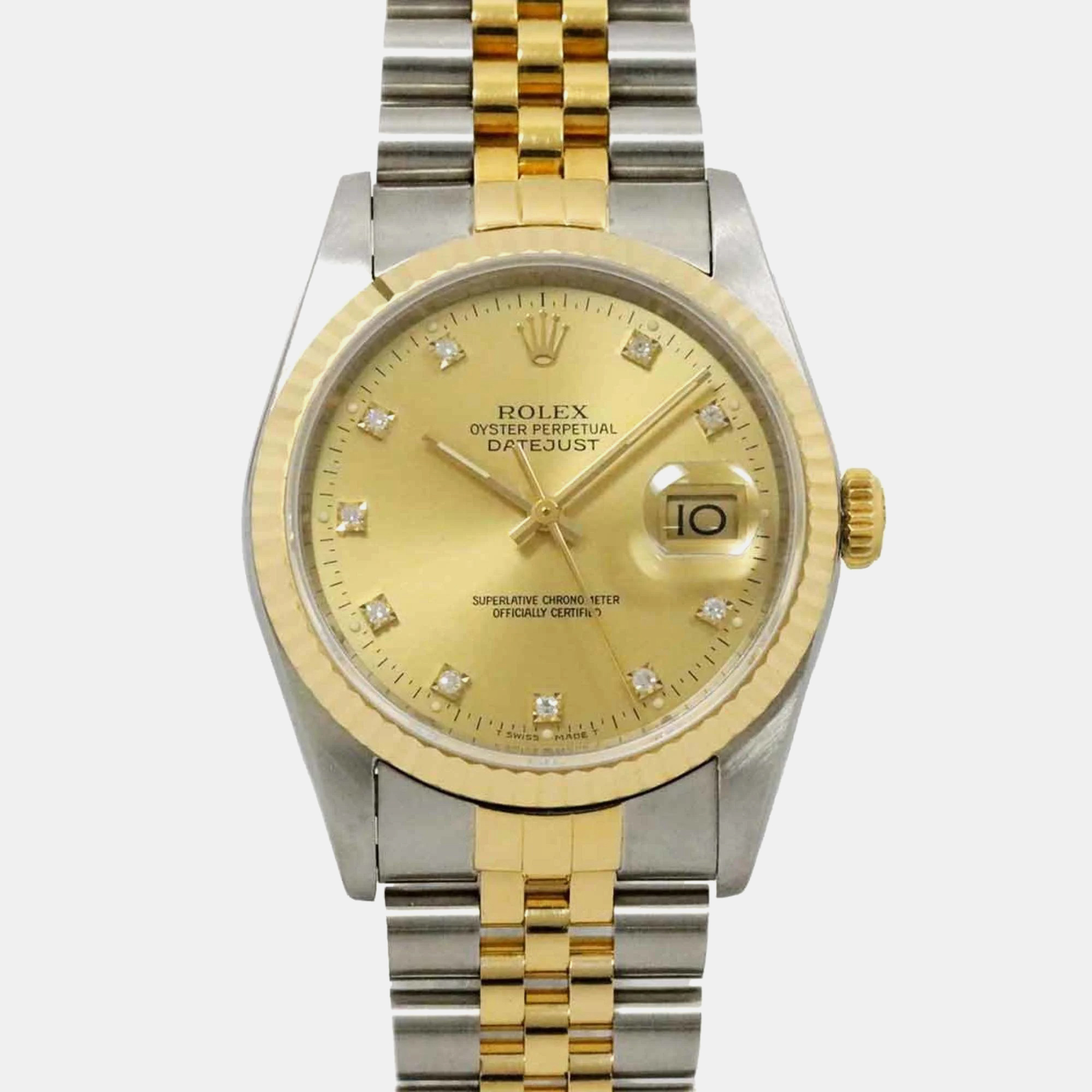 Pre-owned Rolex Champagne Diamond 18k Yellow Gold Stainless Steel Datejust 16233 Automatic Men's Wristwatch 36 Mm