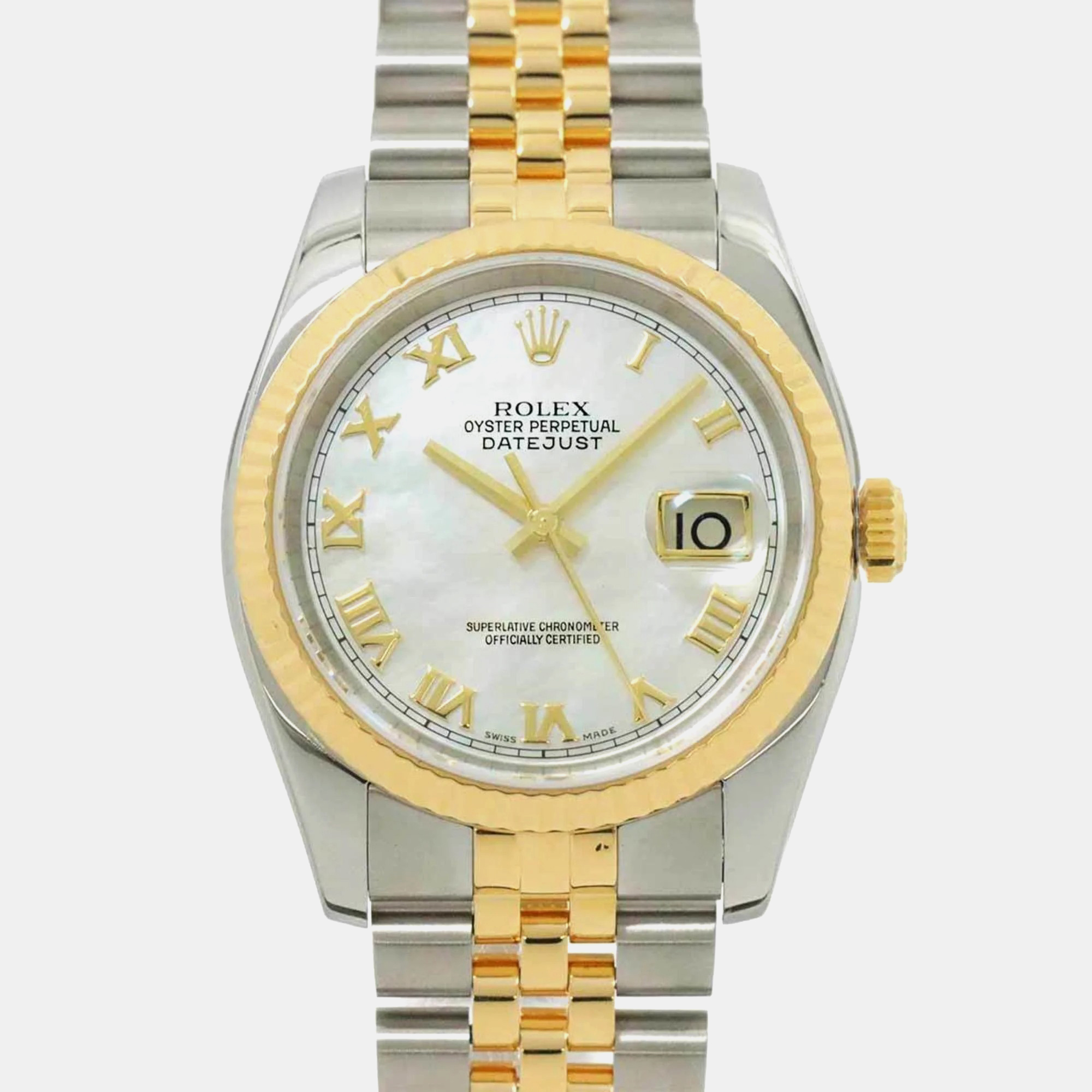 Pre-owned Rolex White Shell 18k Yellow Gold Stainless Steel Datejust 116233 Automatic Men's Wristwatch 44 Mm