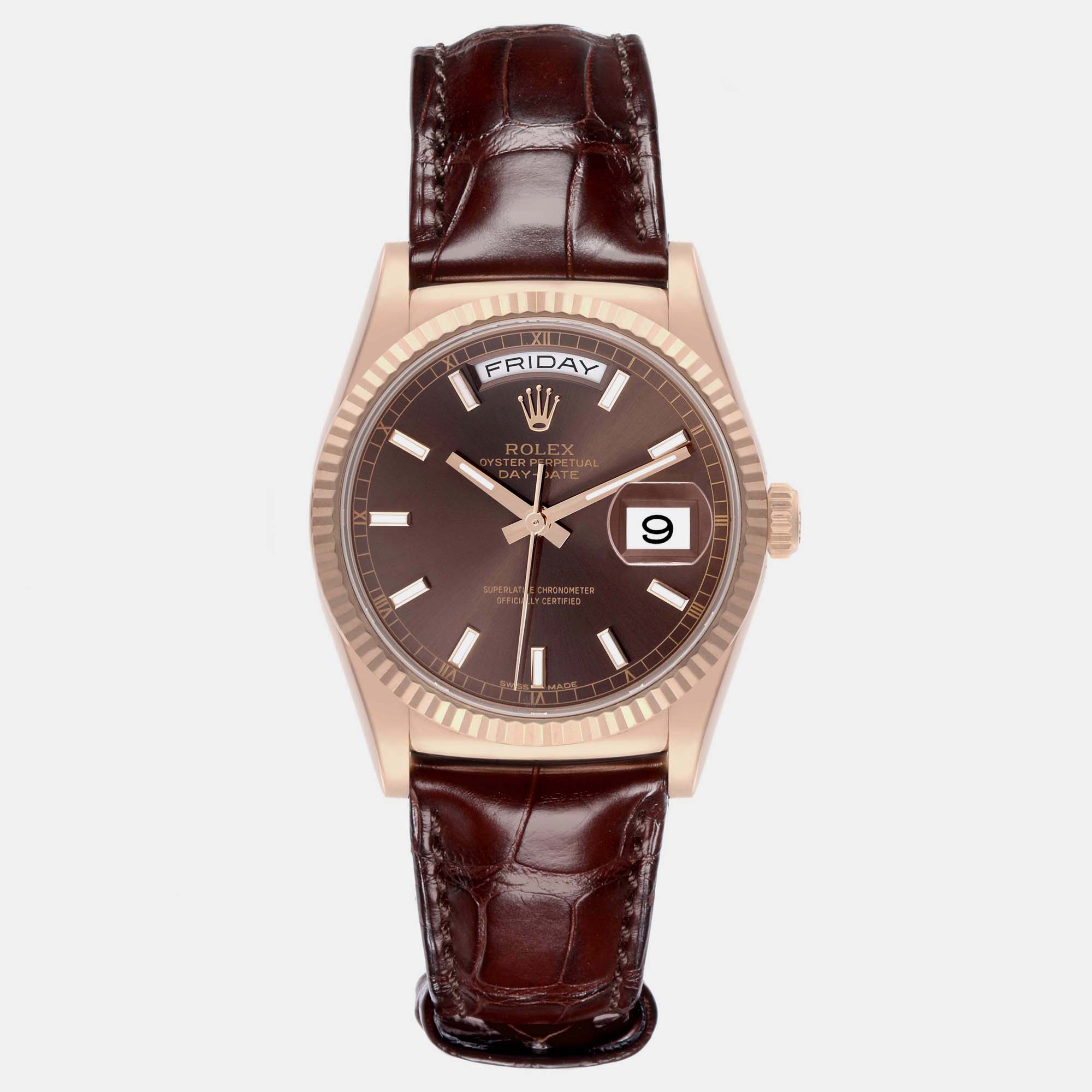 Pre-owned Rolex President Day-date Rose Gold Chocolate Dial Men's Watch 36.0 Mm In Brown