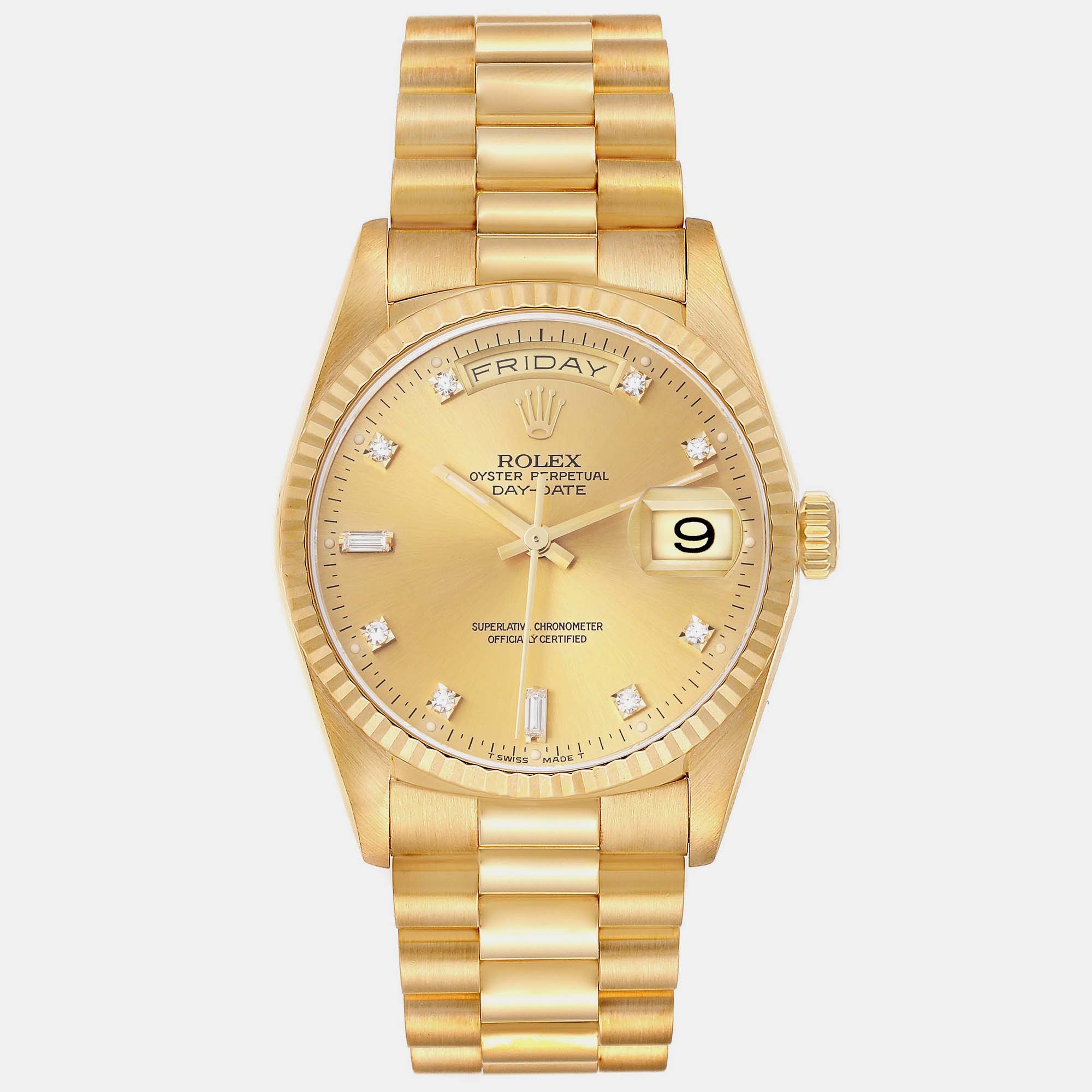 Pre-owned Rolex President Day Date Yellow Gold Diamond Dial Men's Watch 36.0 Mm