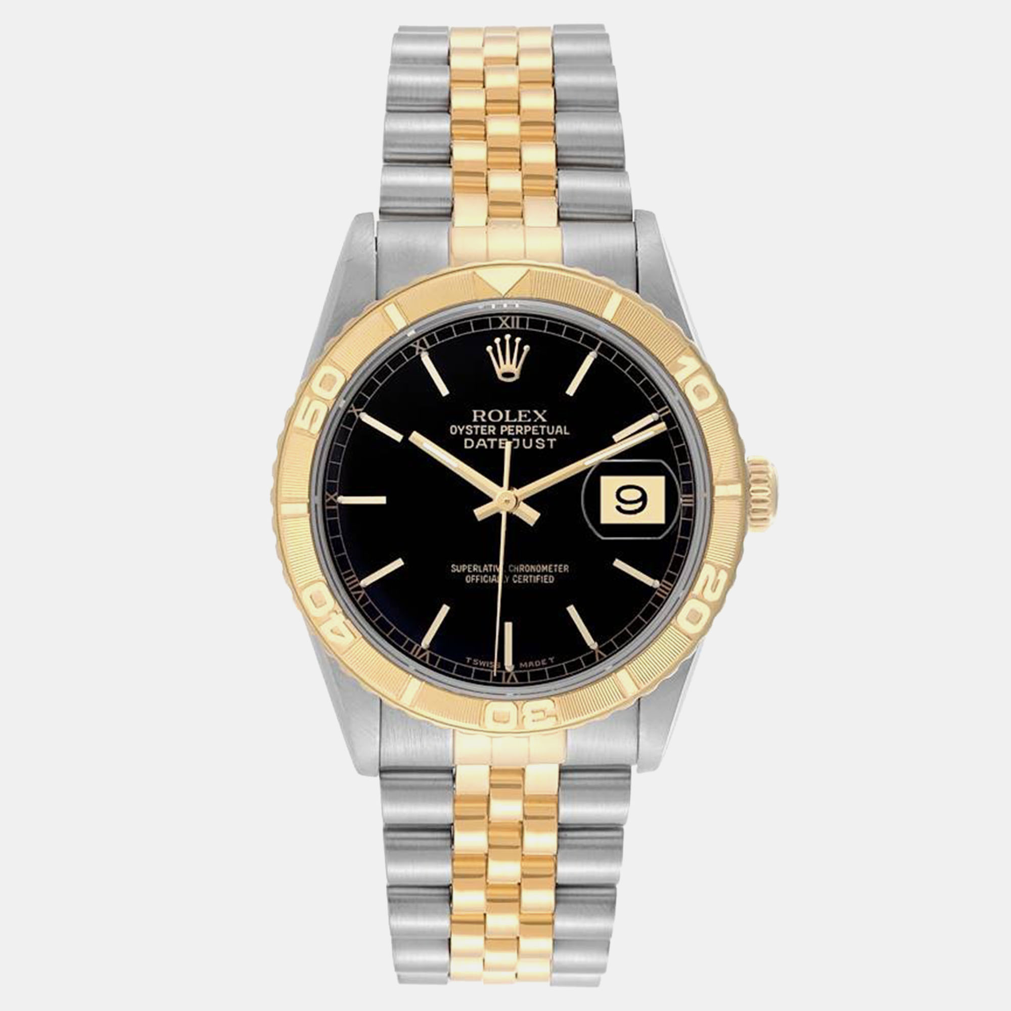 

Rolex Datejust Turnograph Black Dial Yellow Gold Steel Mens Watch 16263