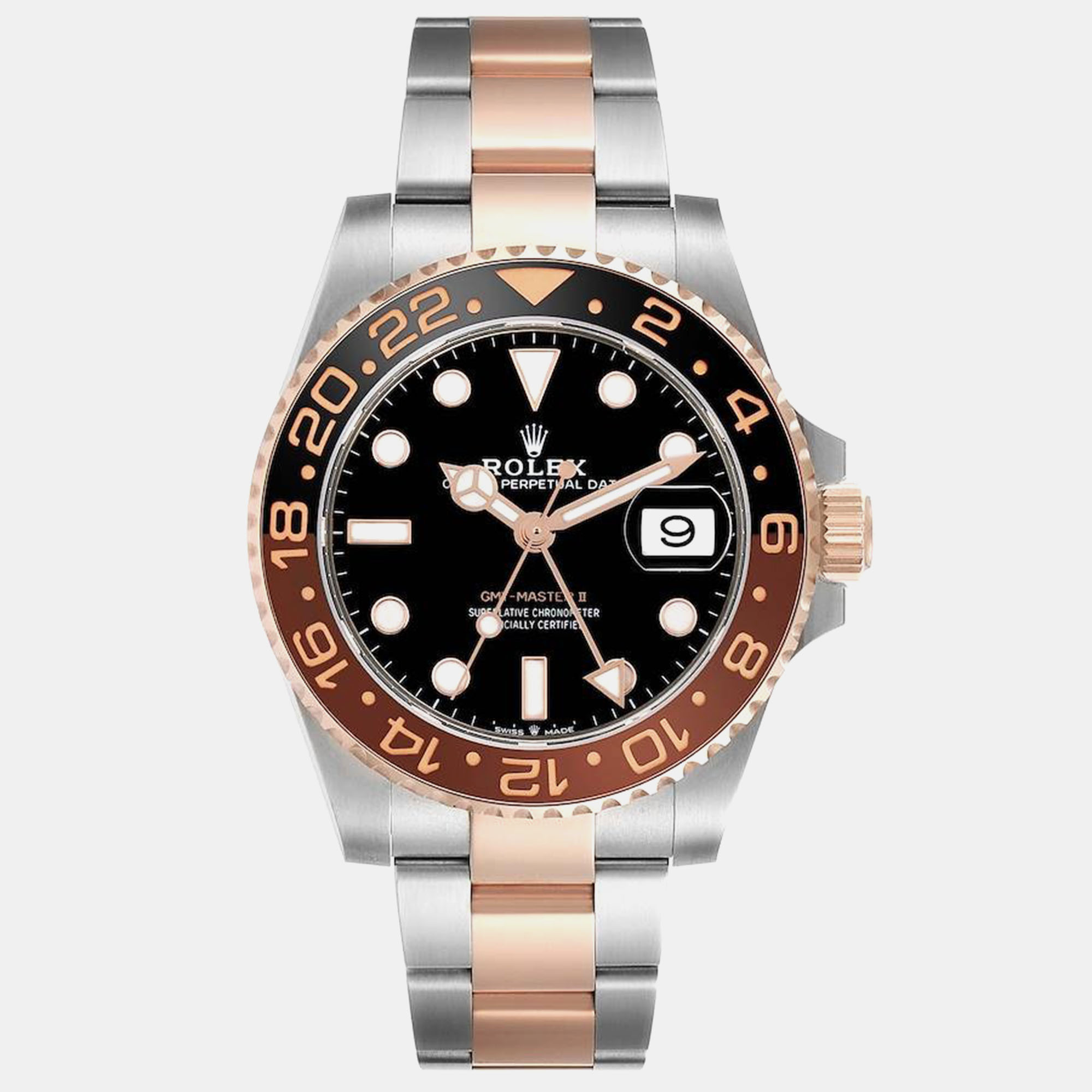 

Rolex GMT Master II Root Beer Steel Rose Gold Mens Watch 126711, Black