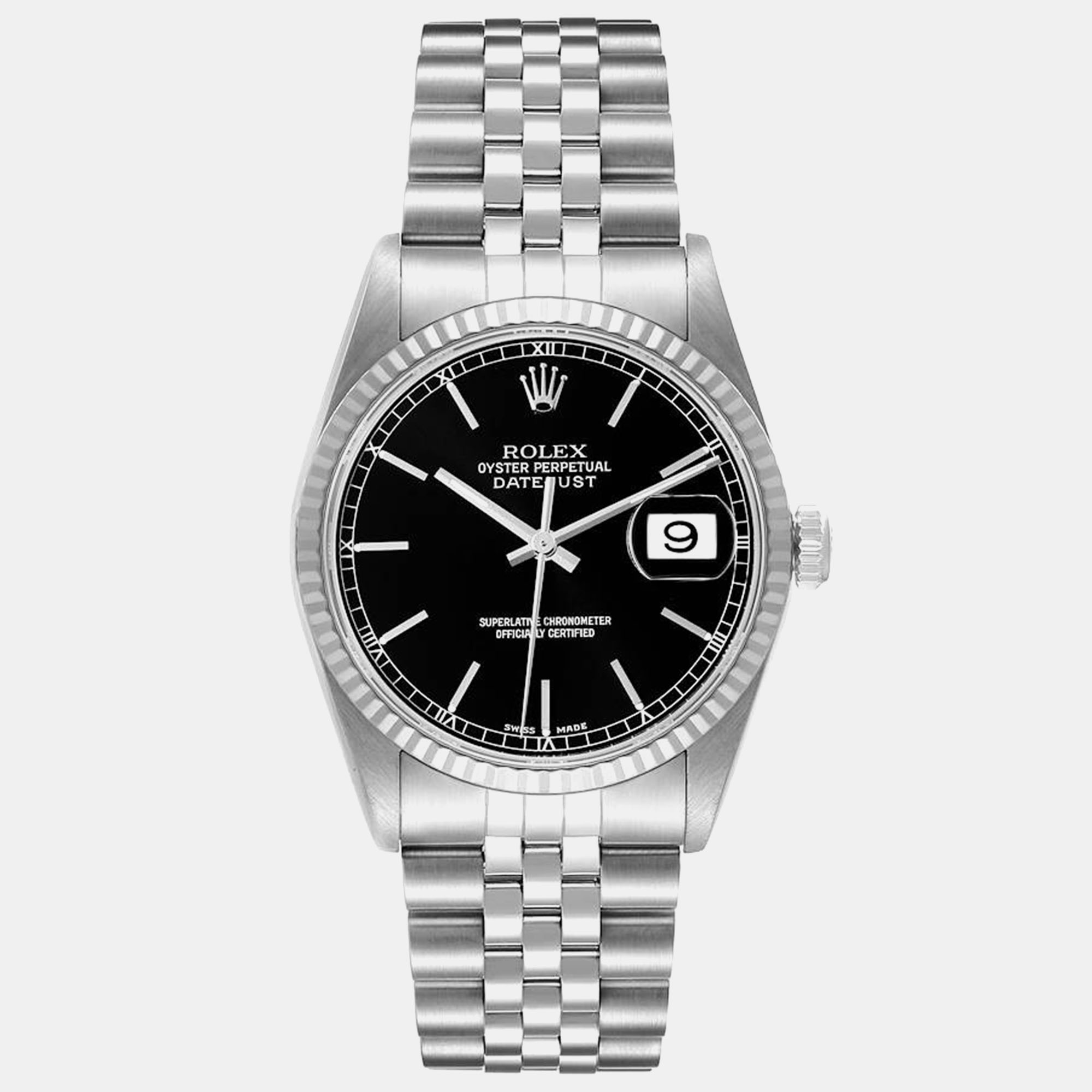 

Rolex Datejust Black Dial Steel White Gold Mens Watch 16234