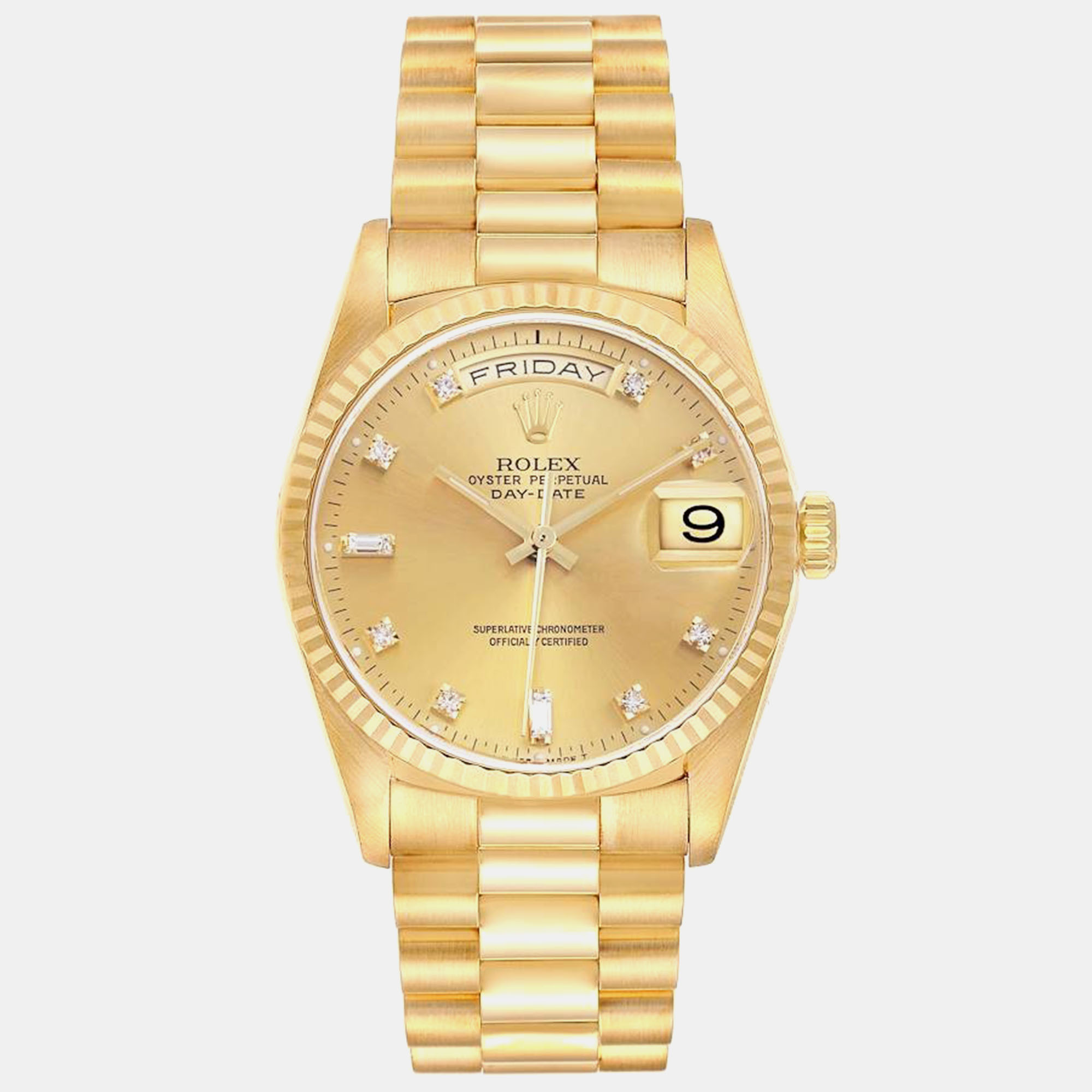 

Rolex President Day-Date Yellow Gold Diamond Dial Mens Watch 18238