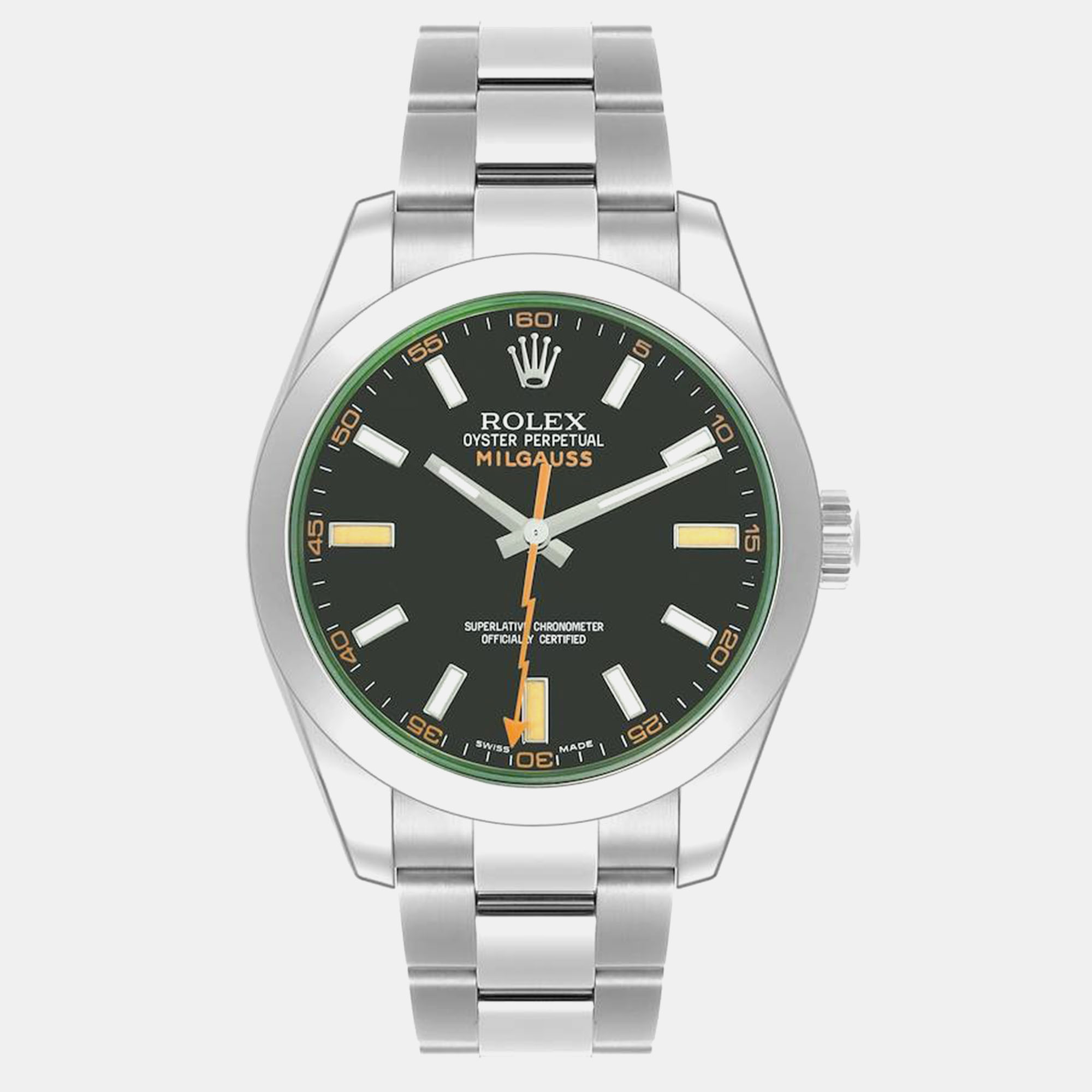 

Rolex Milgauss Black Dial Green Crystal Steel Mens Watch 116400