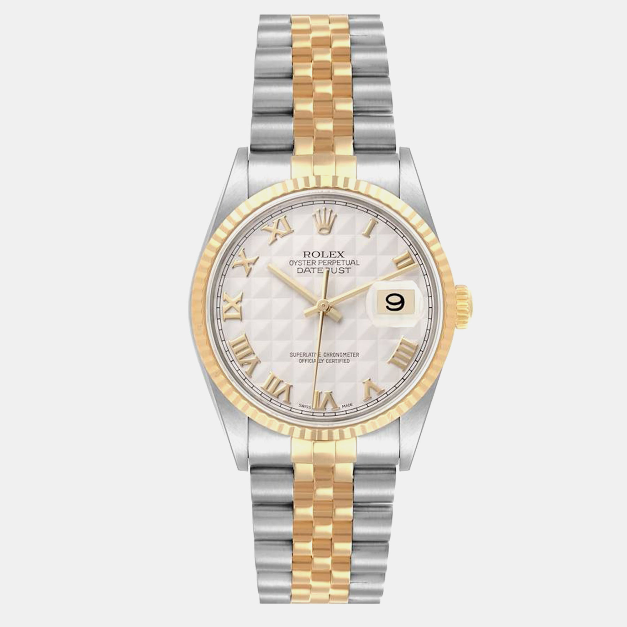 

Rolex Datejust Steel Yellow Gold Ivory Pyramid Dial Mens Watch 16233, Cream