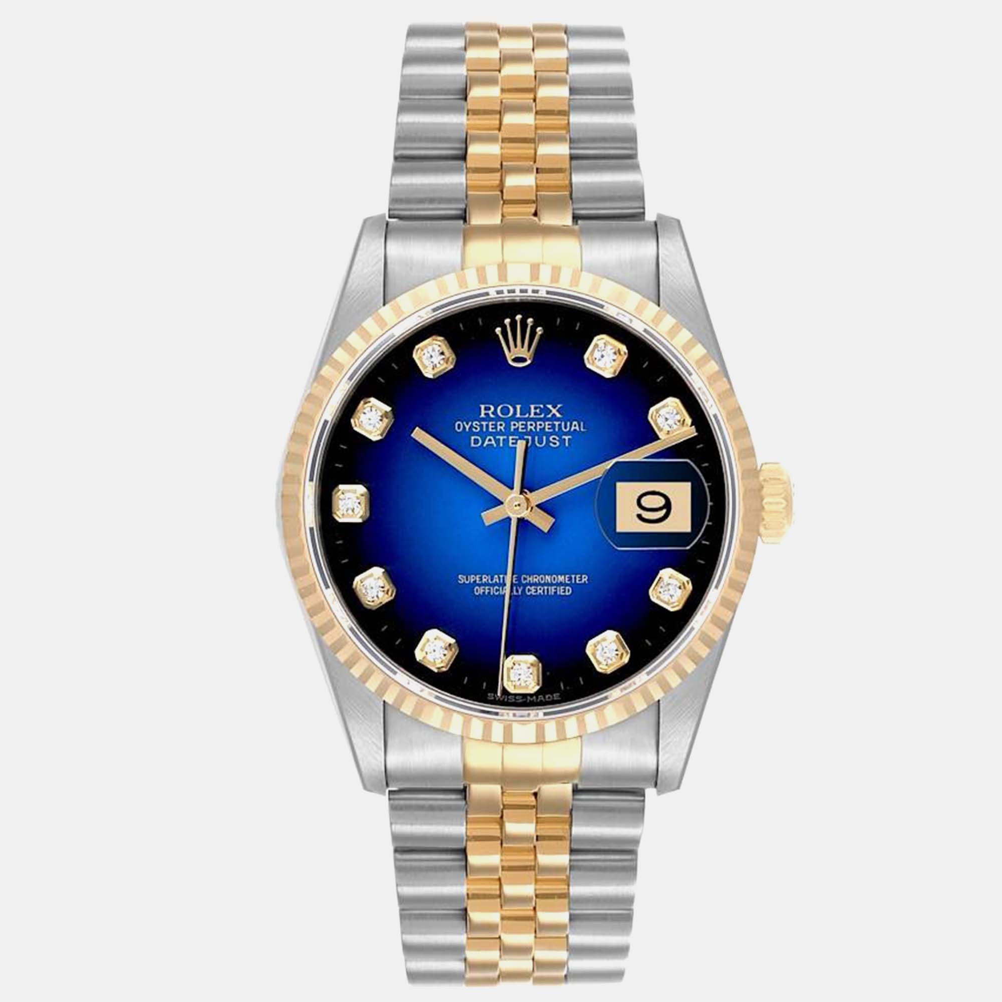 Pre-owned Rolex Datejust Vignette Diamond Steel Yellow Gold Mens Watch 16233 In Blue