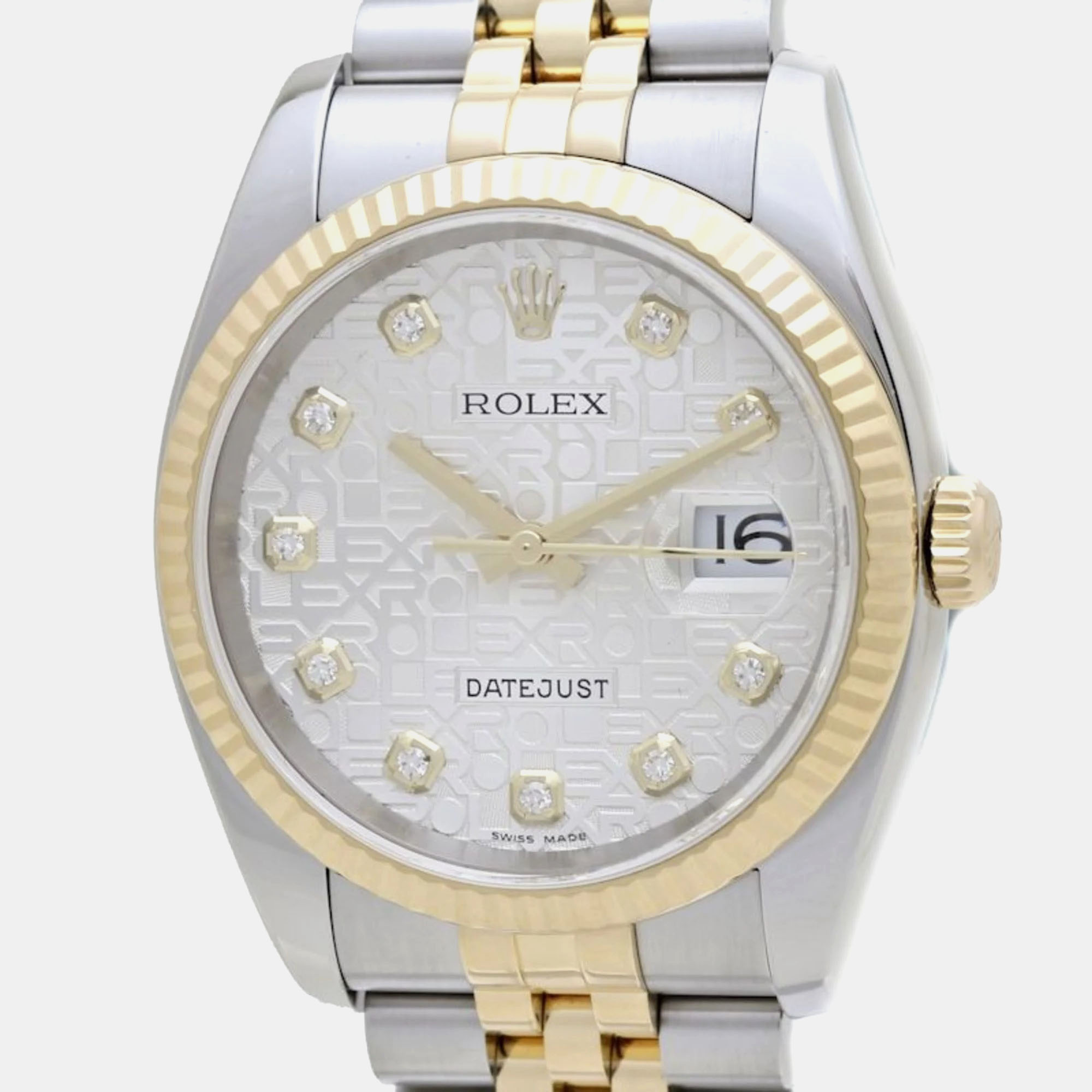 

Rolex 18YG Yellow Gold x Stainless Steel Datejust 10P Diamond Silver Men's Wristwatch 36 mm