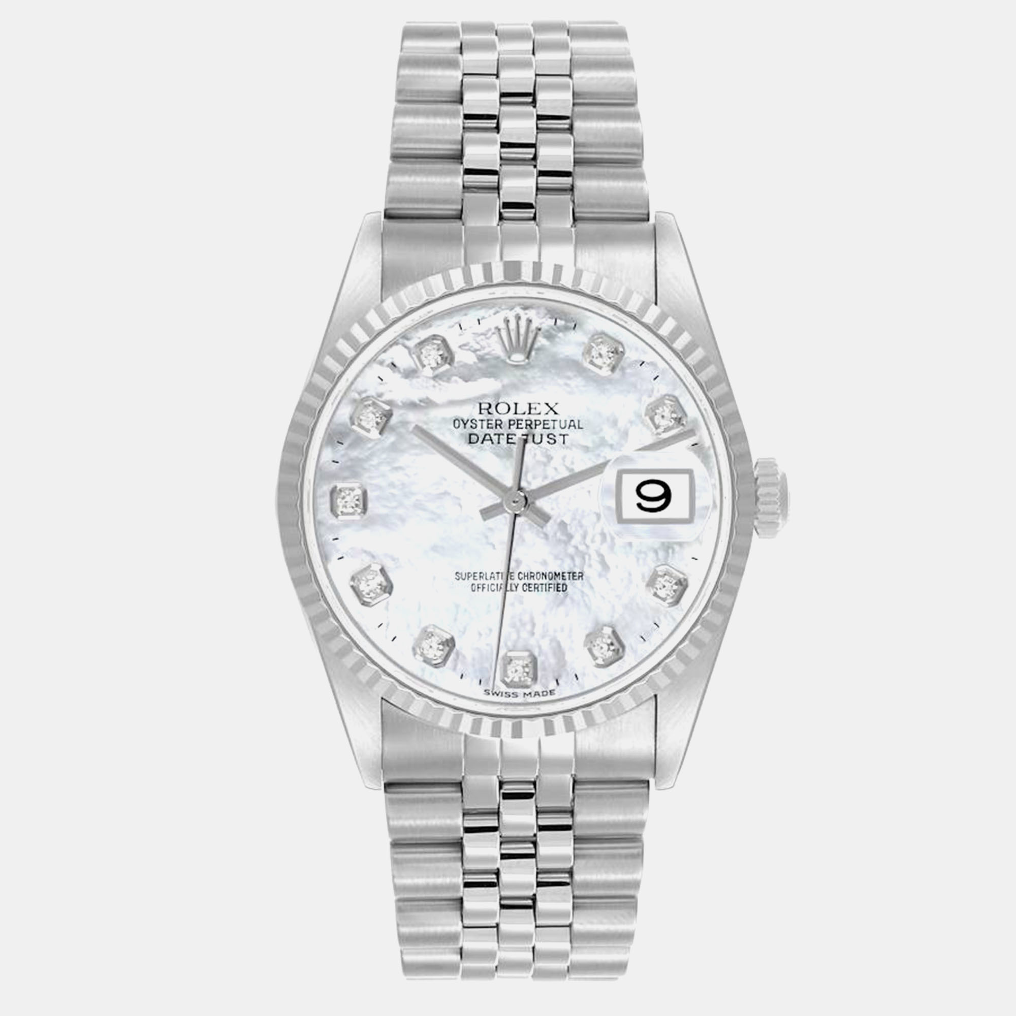 

Rolex Datejust Steel White Gold Mother of Pearl Diamond Dial Mens Watch 16234, Silver