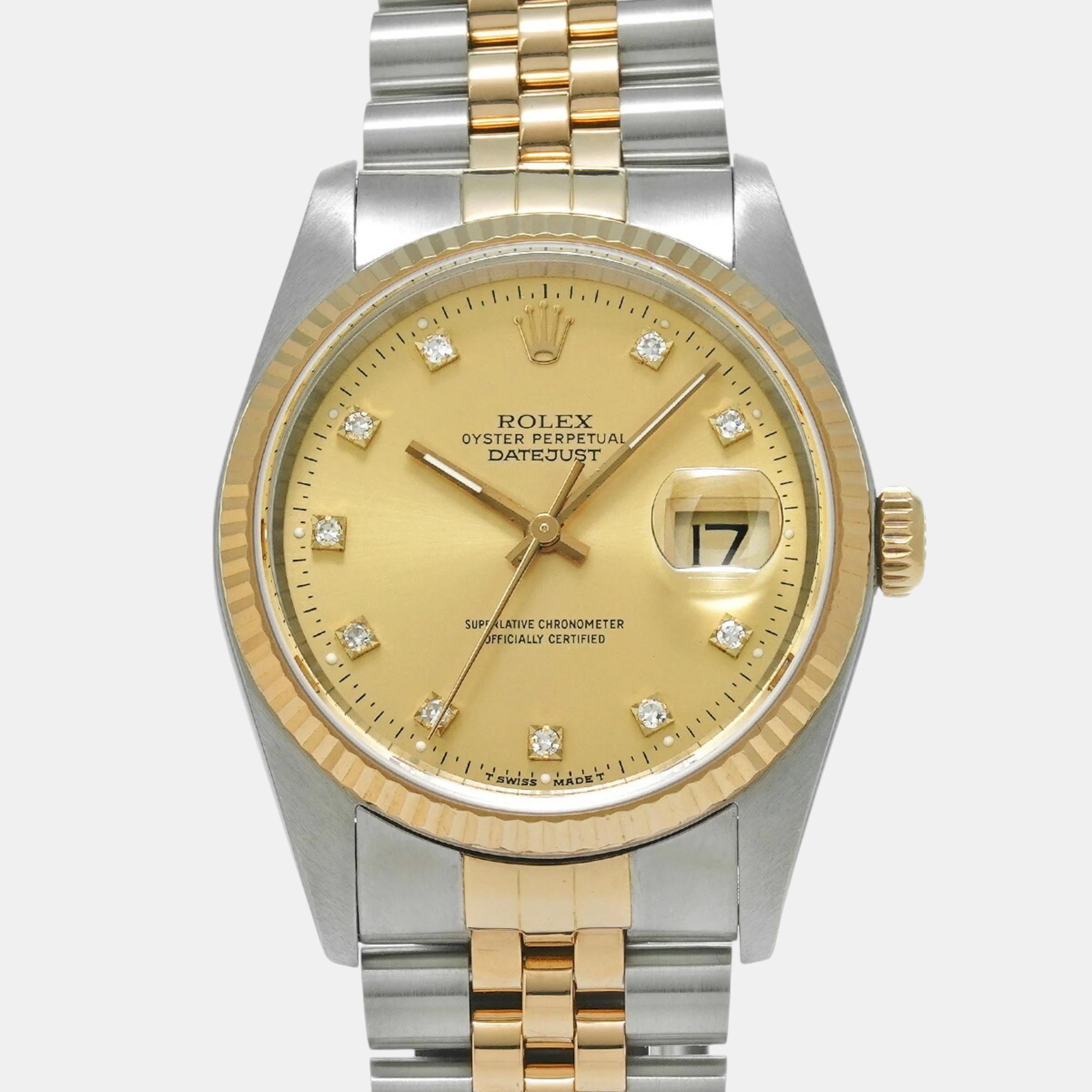 

Rolex Champagne Diamond 18k Yellow Gold Stainless Steel Datejust 16233 Automatic Men's Wristwatch 36 mm