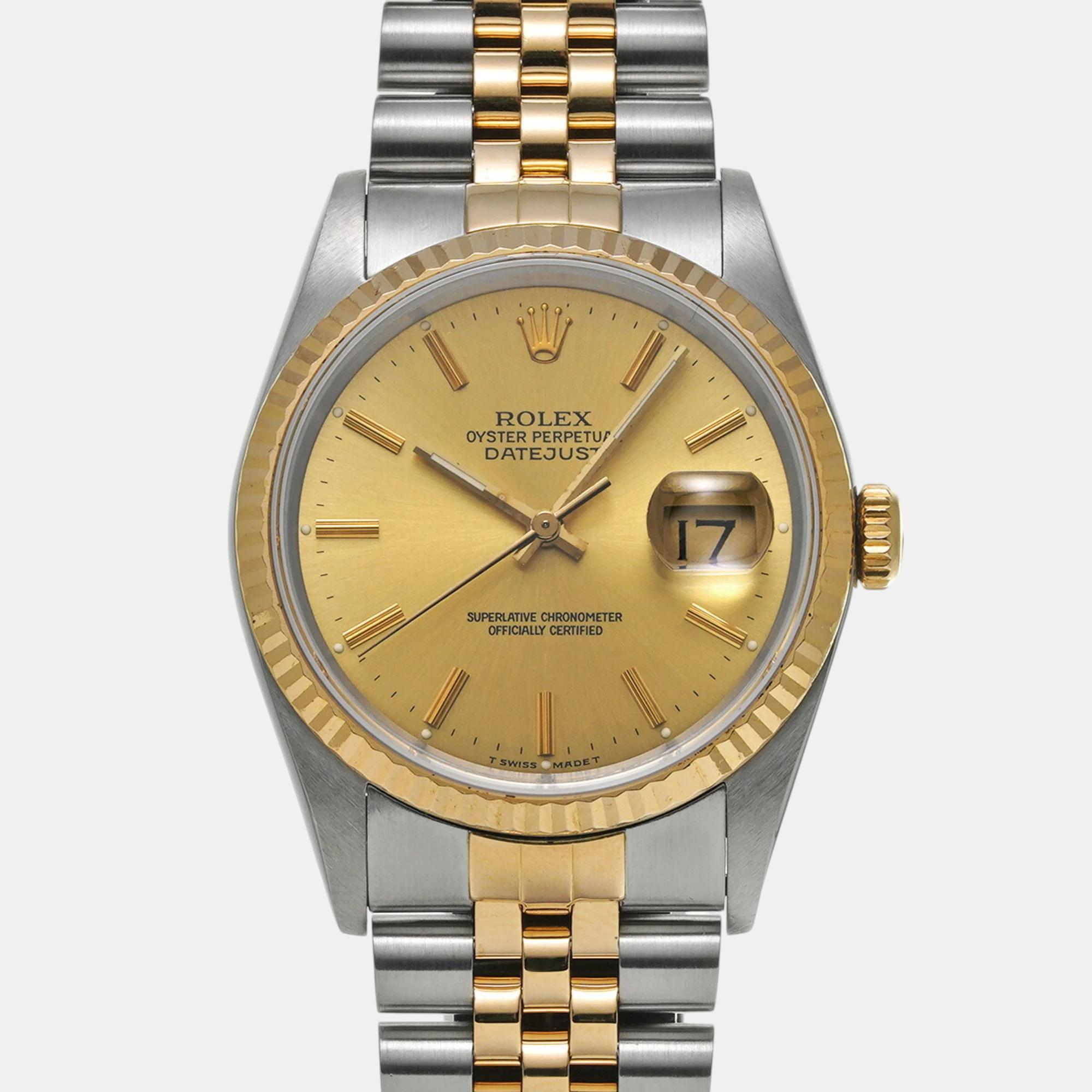 

Rolex Champagne 18k Yellow Gold Stainless Steel Datejust 16233 Automatic Men's Wristwatch 36 mm