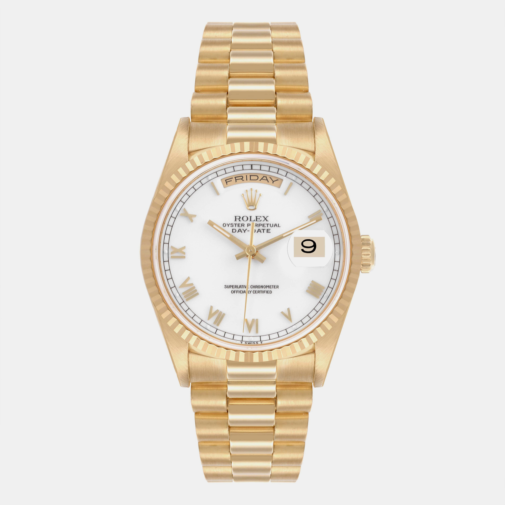 

Rolex President Day Date White Roman Dial Yellow Gold Men's Watch 18238 36 mm