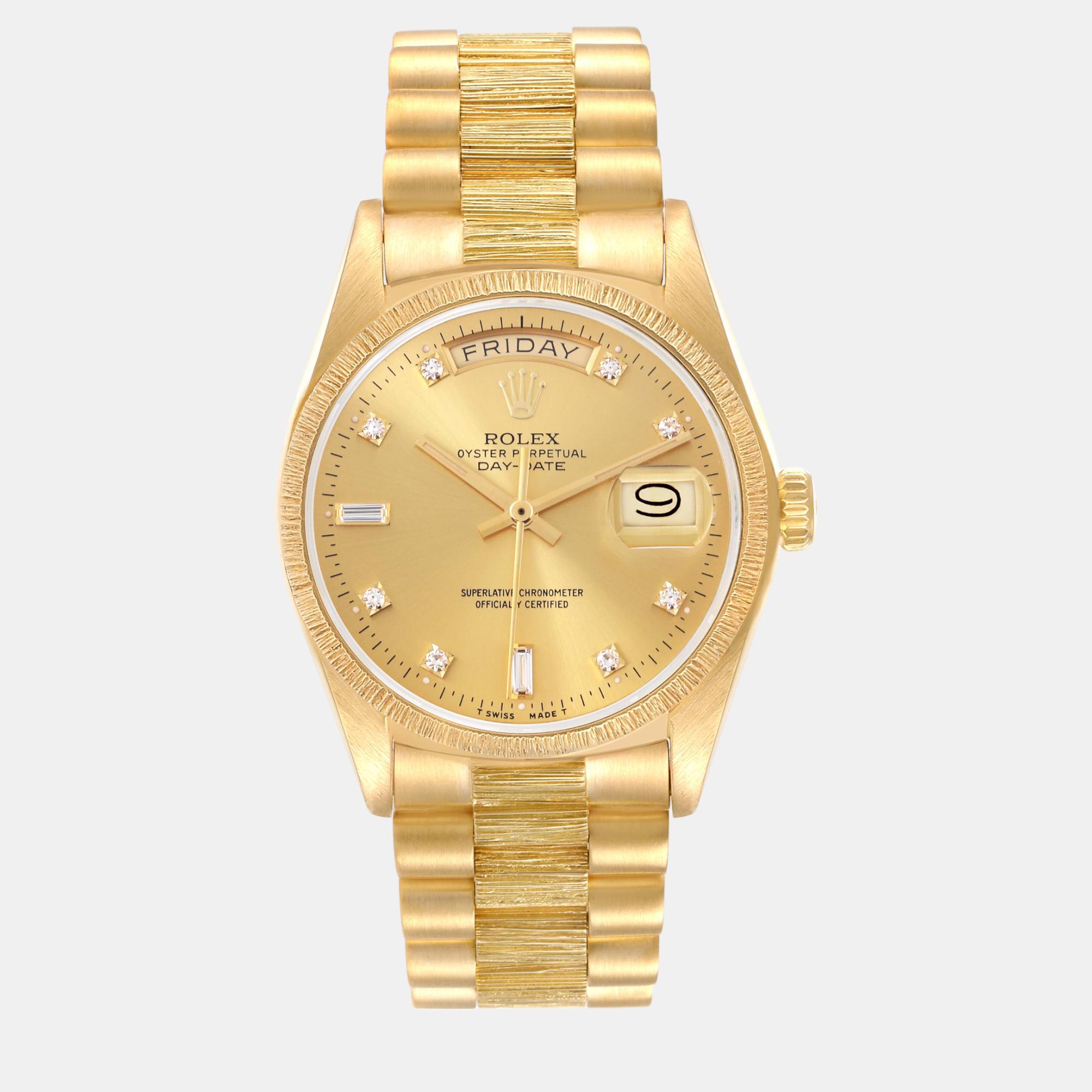 

Rolex President Day-Date Diamond Dial Yellow Gold Bark Finish Men's Watch 36.0 mm