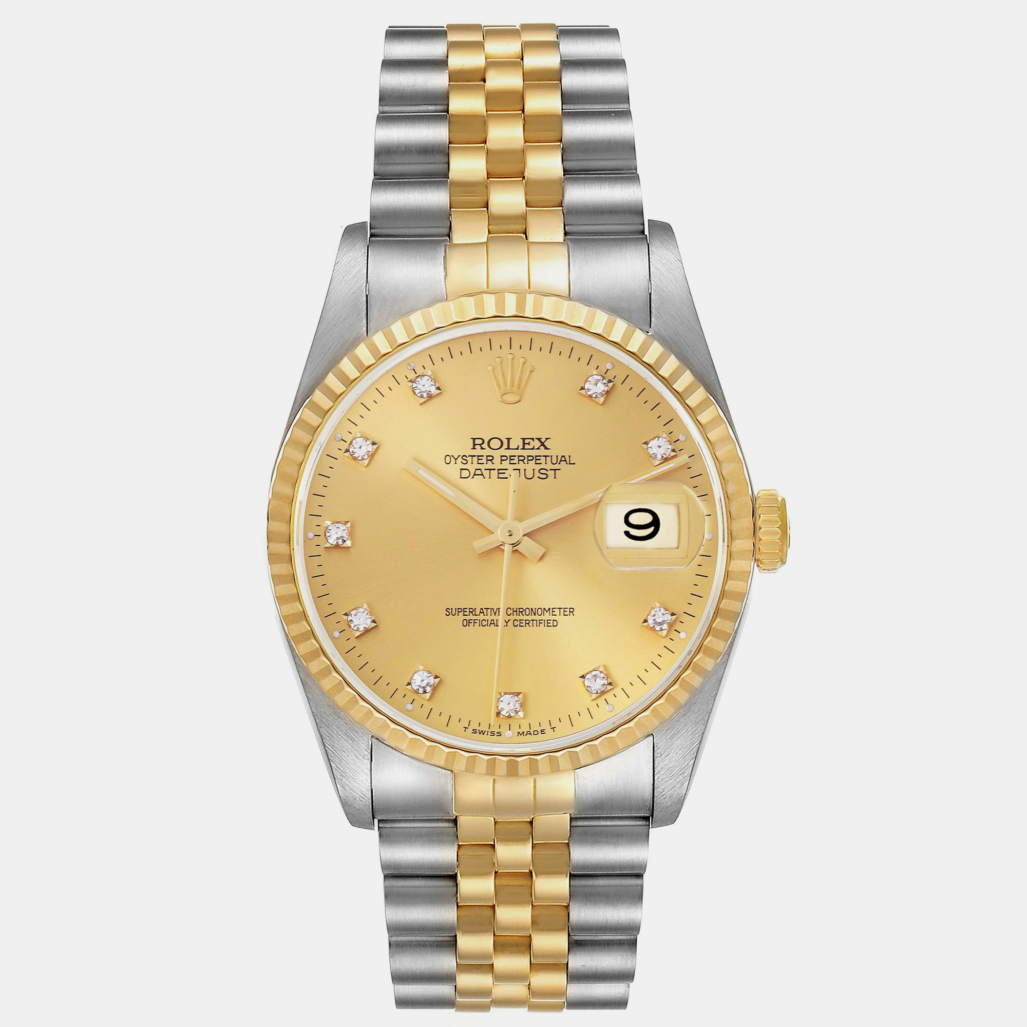 

Rolex Datejust Steel Yellow Gold Diamond Dial Mens Watch 16233