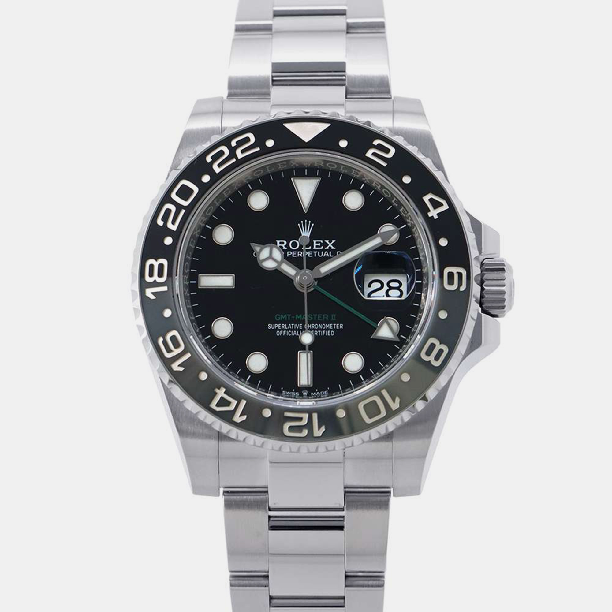 

Rolex Stainless Steel Black Dial 126710GRNR GMT MasterII Wristwatch