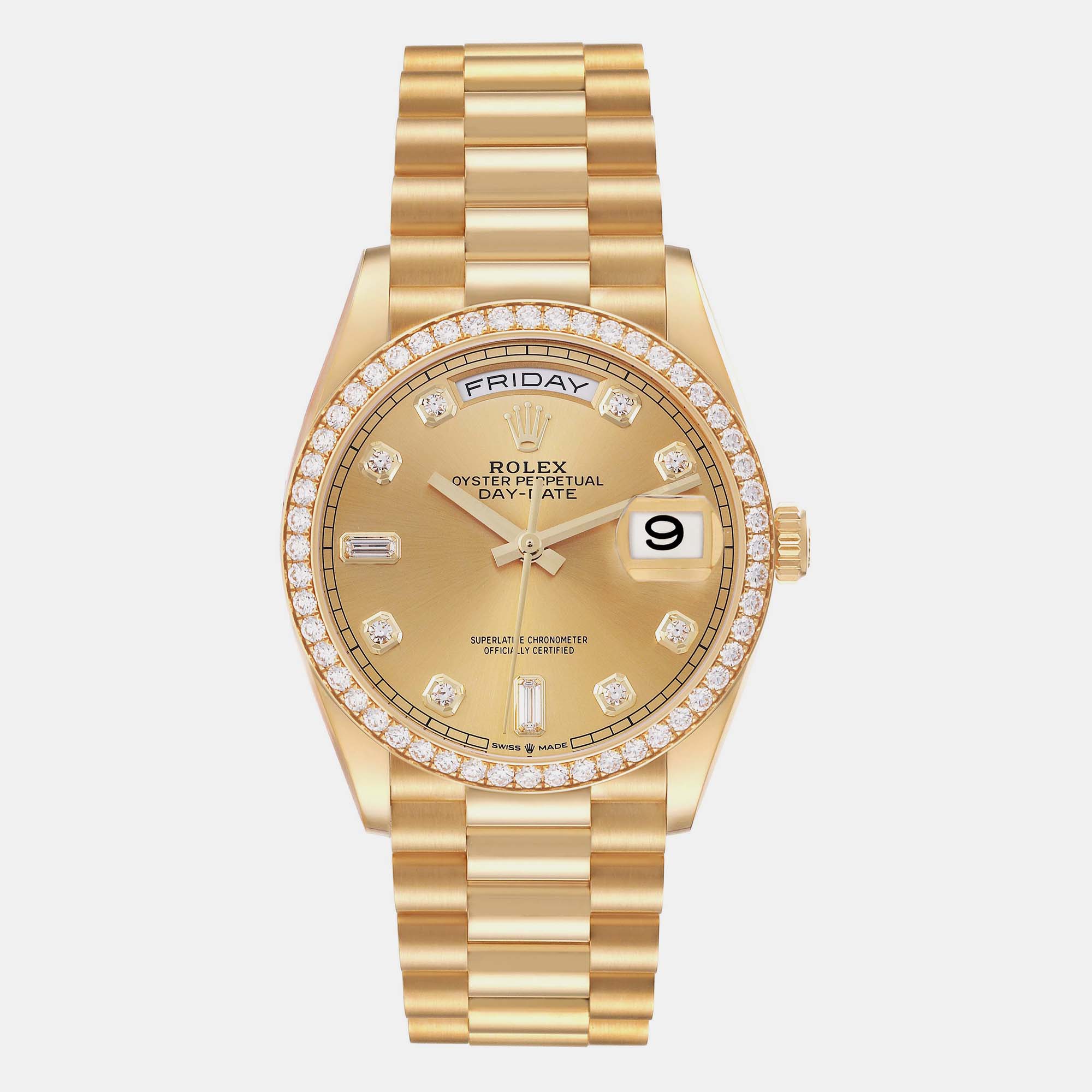 Pre-owned Rolex President Day Date Yellow Gold Diamond Mens Watch 128348