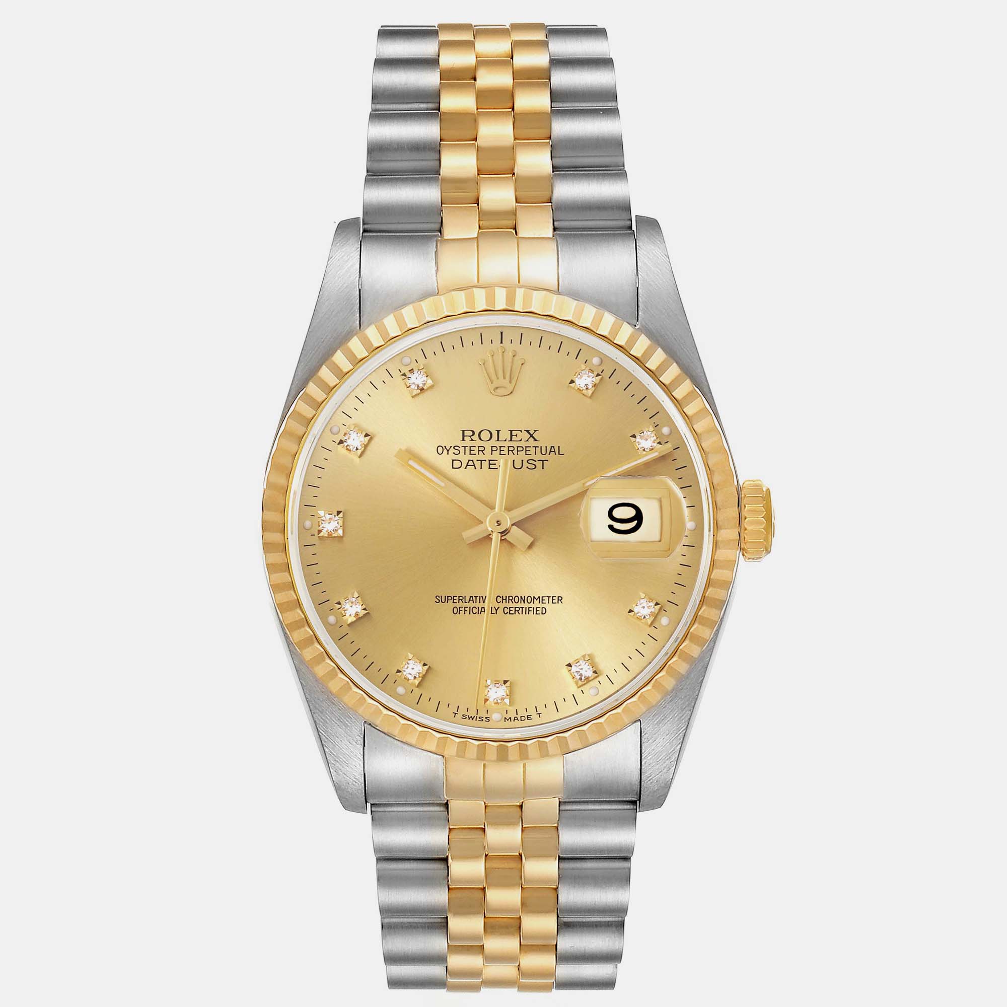 Pre-owned Rolex Datejust Steel Yellow Gold Diamond Dial Men's Watch 36.0 Mm