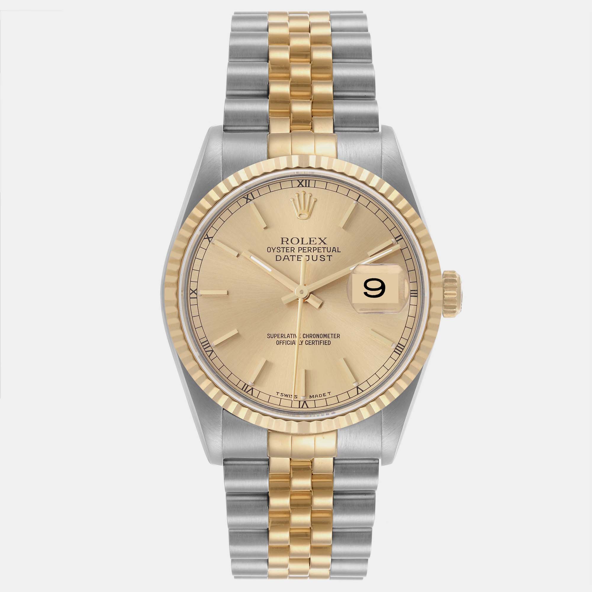 Pre-owned Rolex Datejust Steel Yellow Gold Champagne Dial Men's Watch 16233 36 Mm