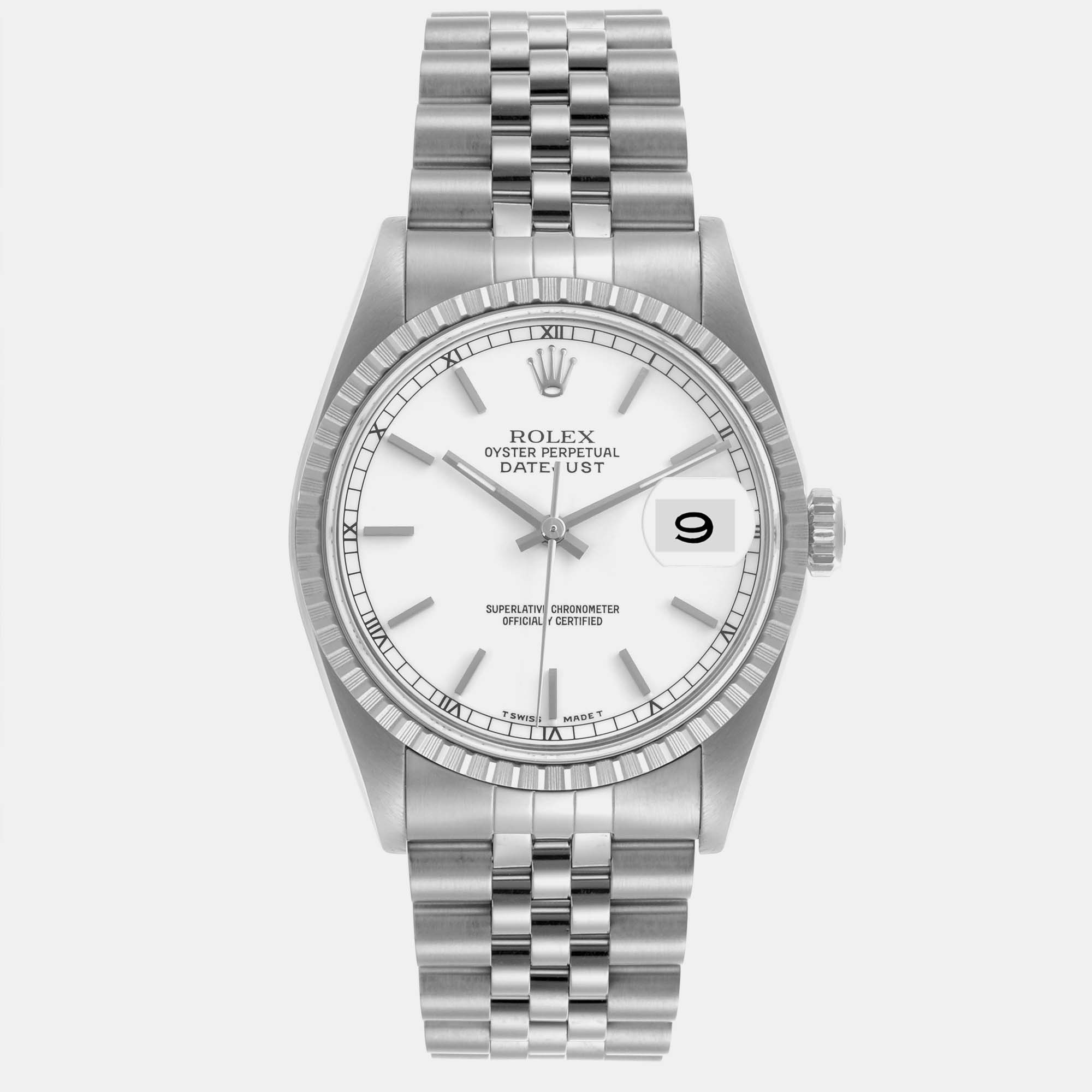 

Rolex Datejust White Dial Engine Turned Bezel Steel Men's Watch 16220 36 mm