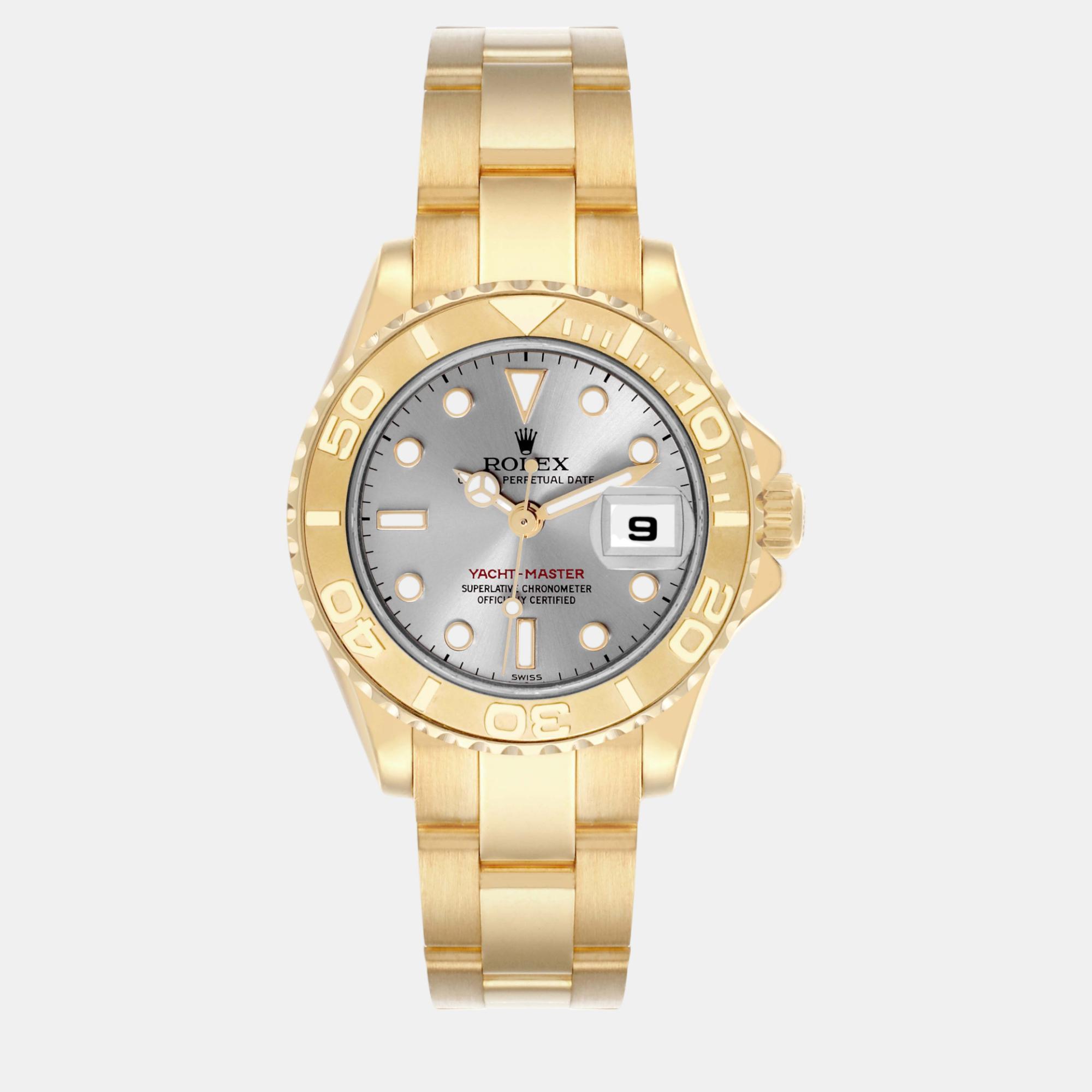 Pre-owned Rolex Yachtmaster Yellow Gold Silver Dial Ladies Watch 29.0 Mm In Grey