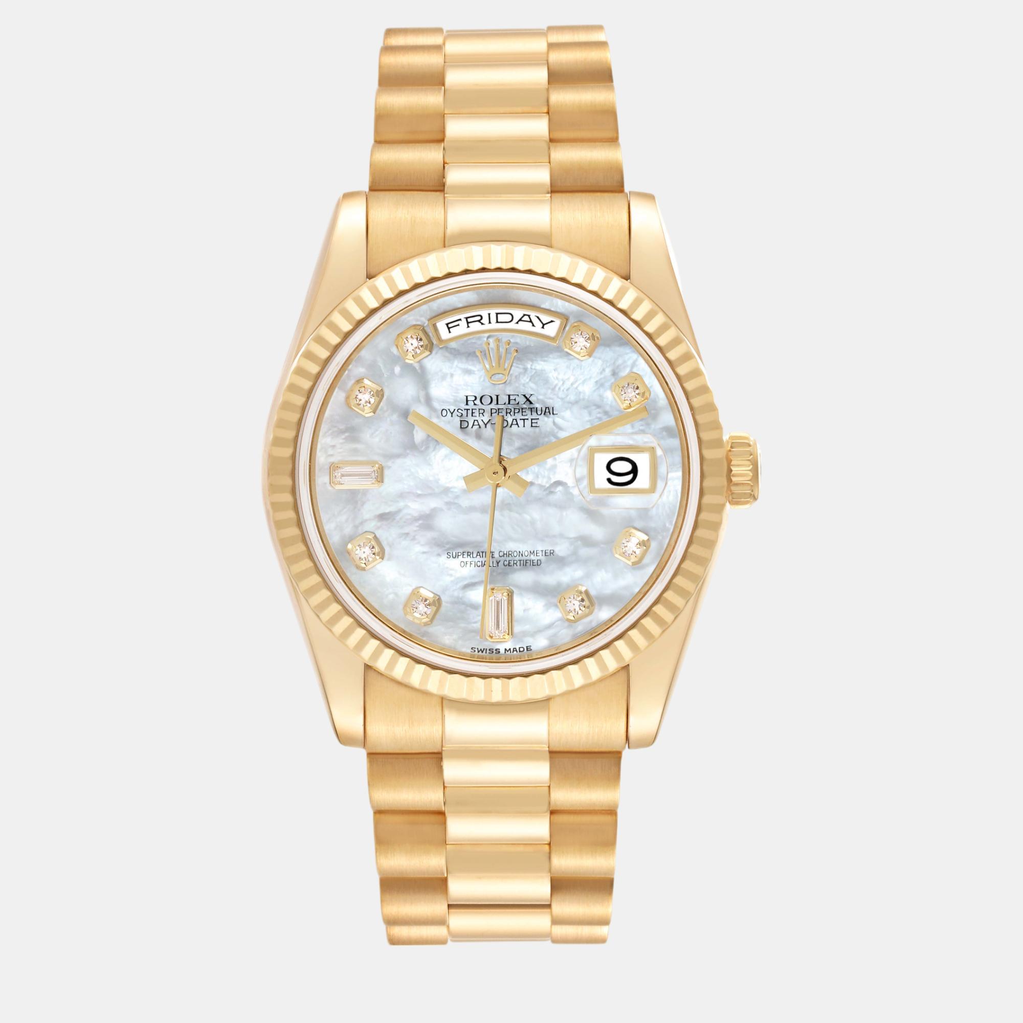 

Rolex President Day-Date Yellow Gold Mother of Pearl Diamond Dial Men's Watch 36.0 mm, White