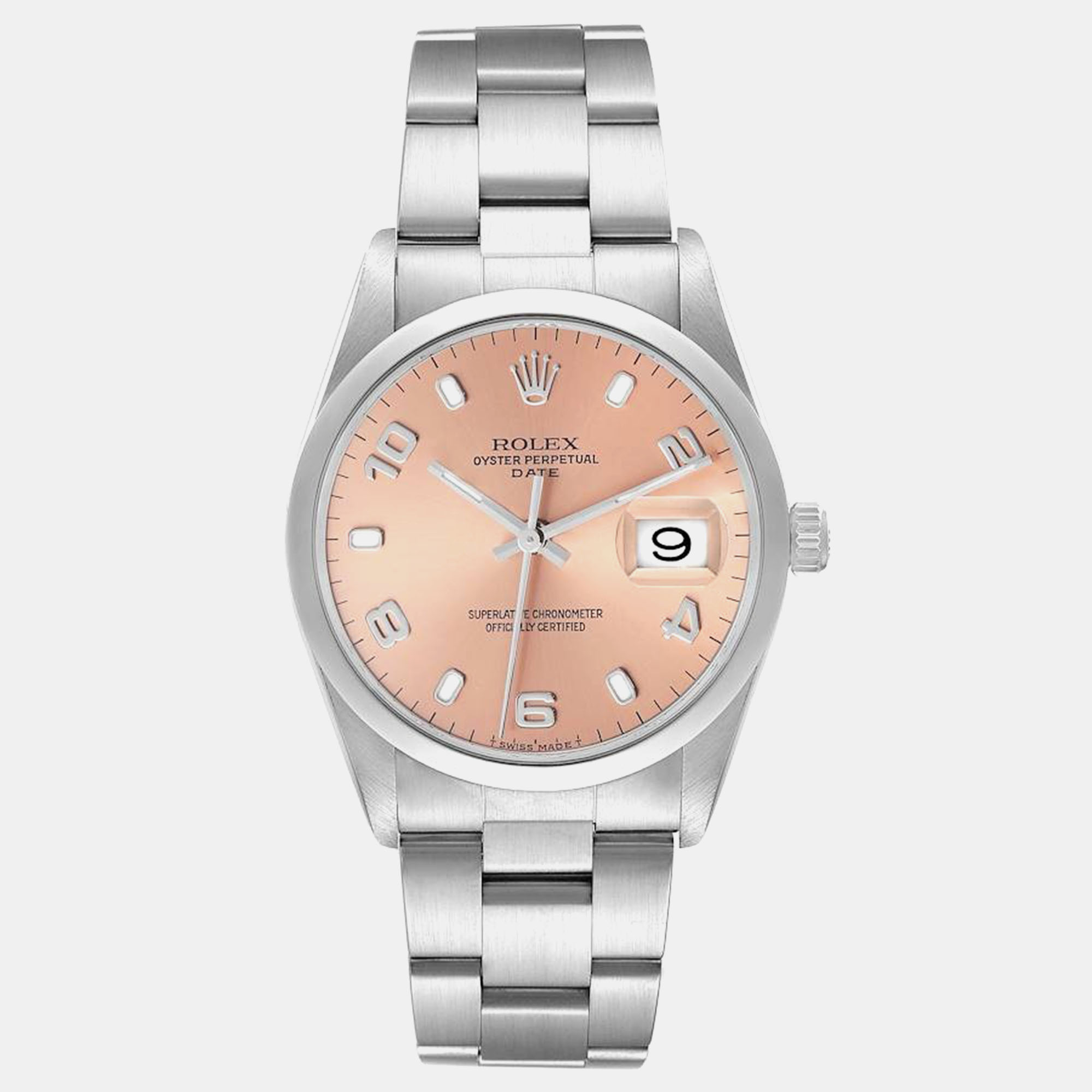 

Rolex Date Salmon Dial Smooth Bezel Steel Mens Watch 15200, Pink