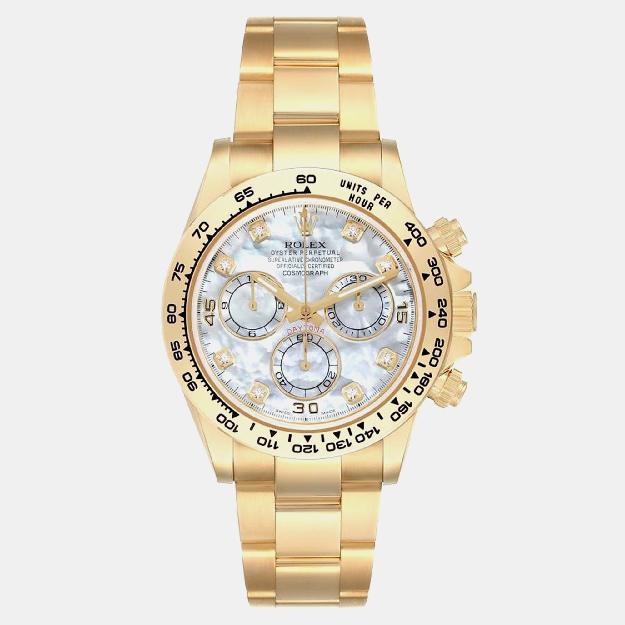 

Rolex Daytona Yellow Gold MOP Diamond Dial Mens Watch 116508, Silver