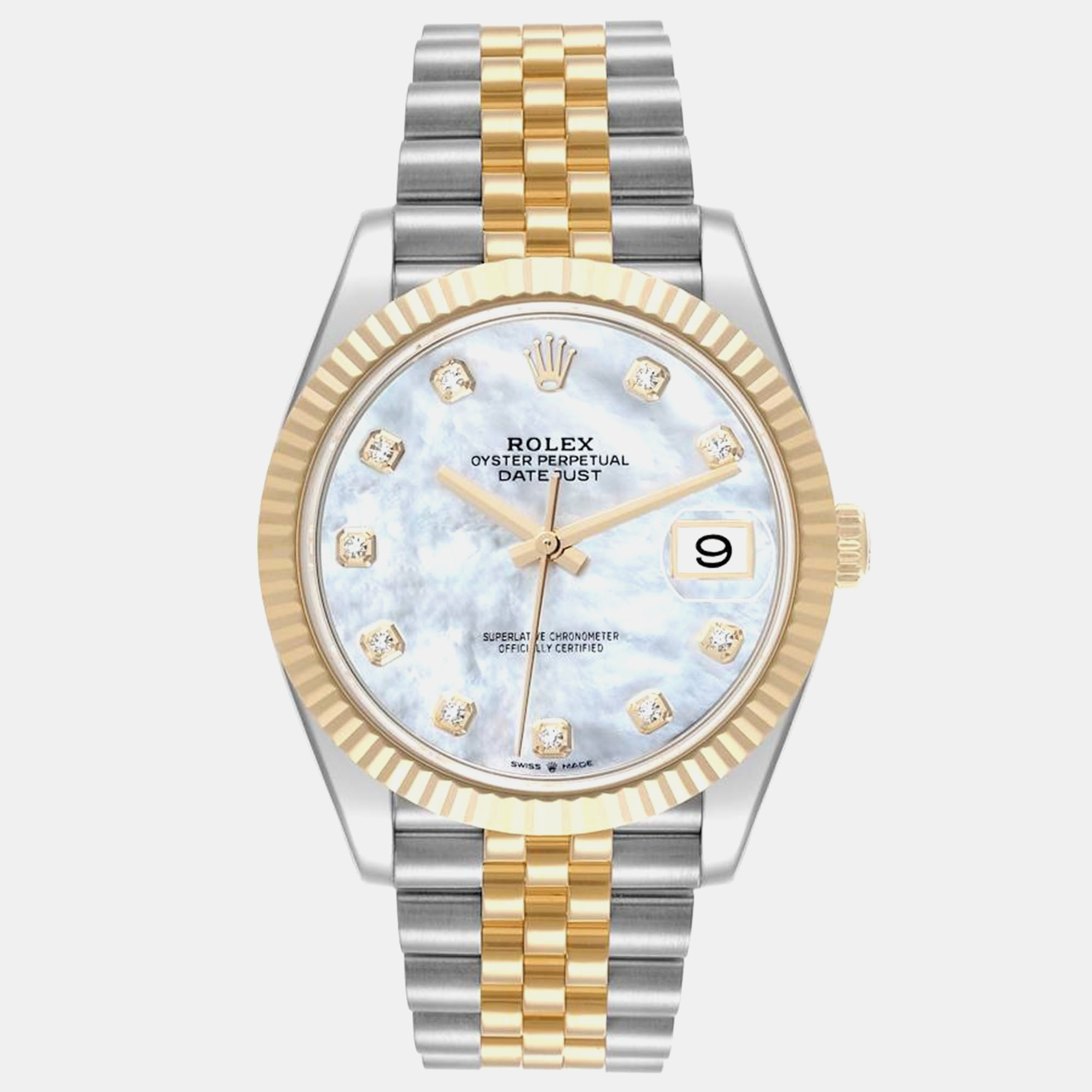 

Rolex Datejust Steel Yellow Gold MOP Diamond Dial Men's Watch 41.0 mm, White