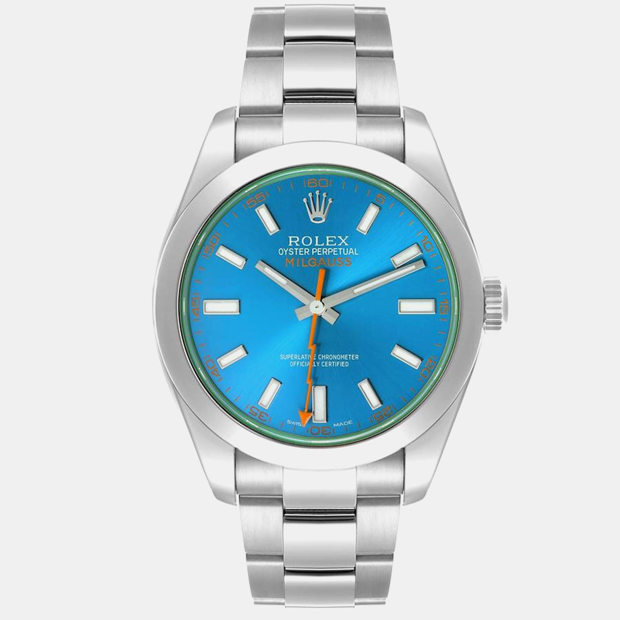 

Rolex Milgauss Blue Dial Green Crystal Steel Mens Watch 116400GV