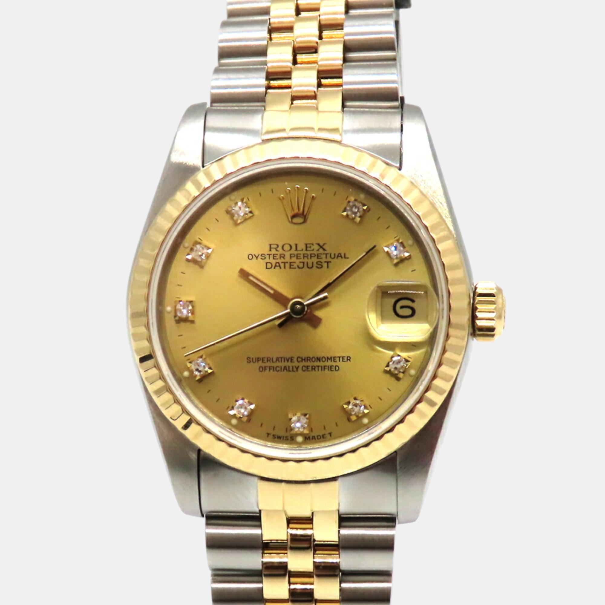 

Rolex Champagne Diamond 18k Yellow Gold Stainless Steel Datejust 68273 Automatic Men's Wristwatch 31 mm