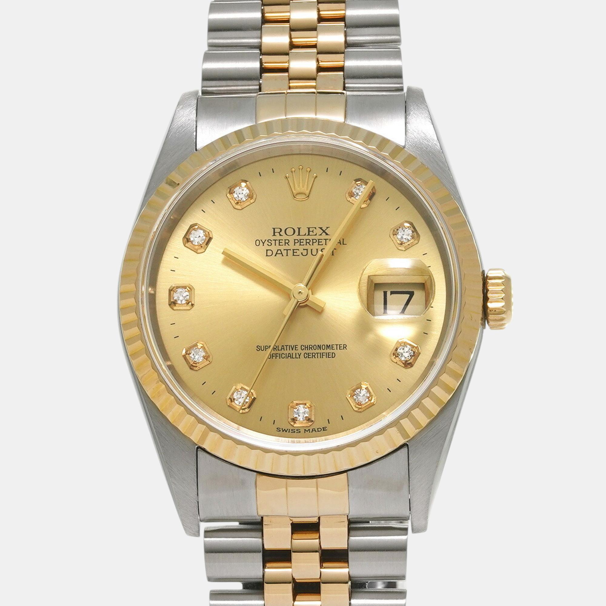 

Rolex Champagne Diamond 18k Yellow Gold Stainless Steel Datejust 16233 Automatic Men's Wristwatch 36 mm