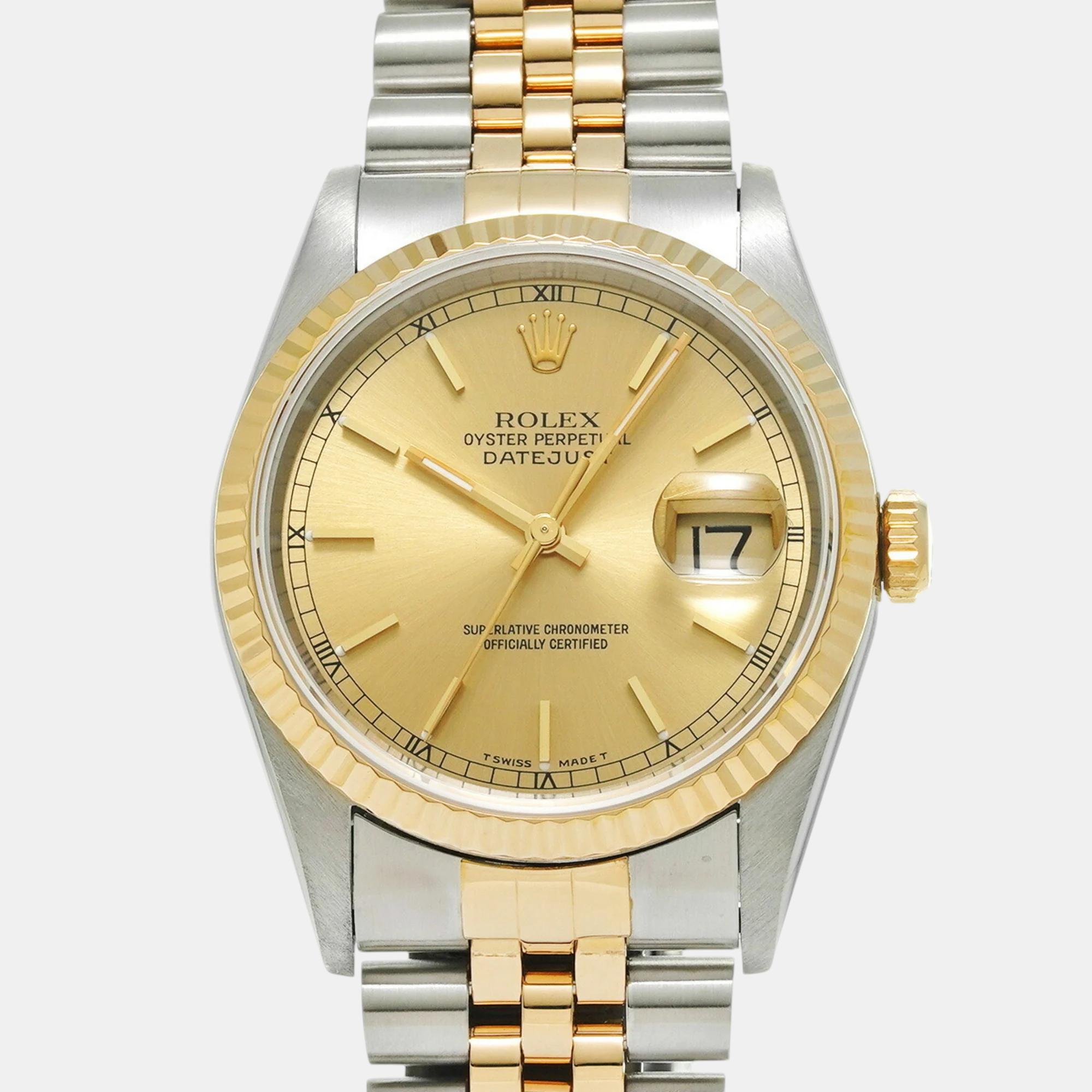 

Rolex Champagne 18k Yellow Gold Stainless Steel Datejust 16233 Automatic Men's Wristwatch 36 mm