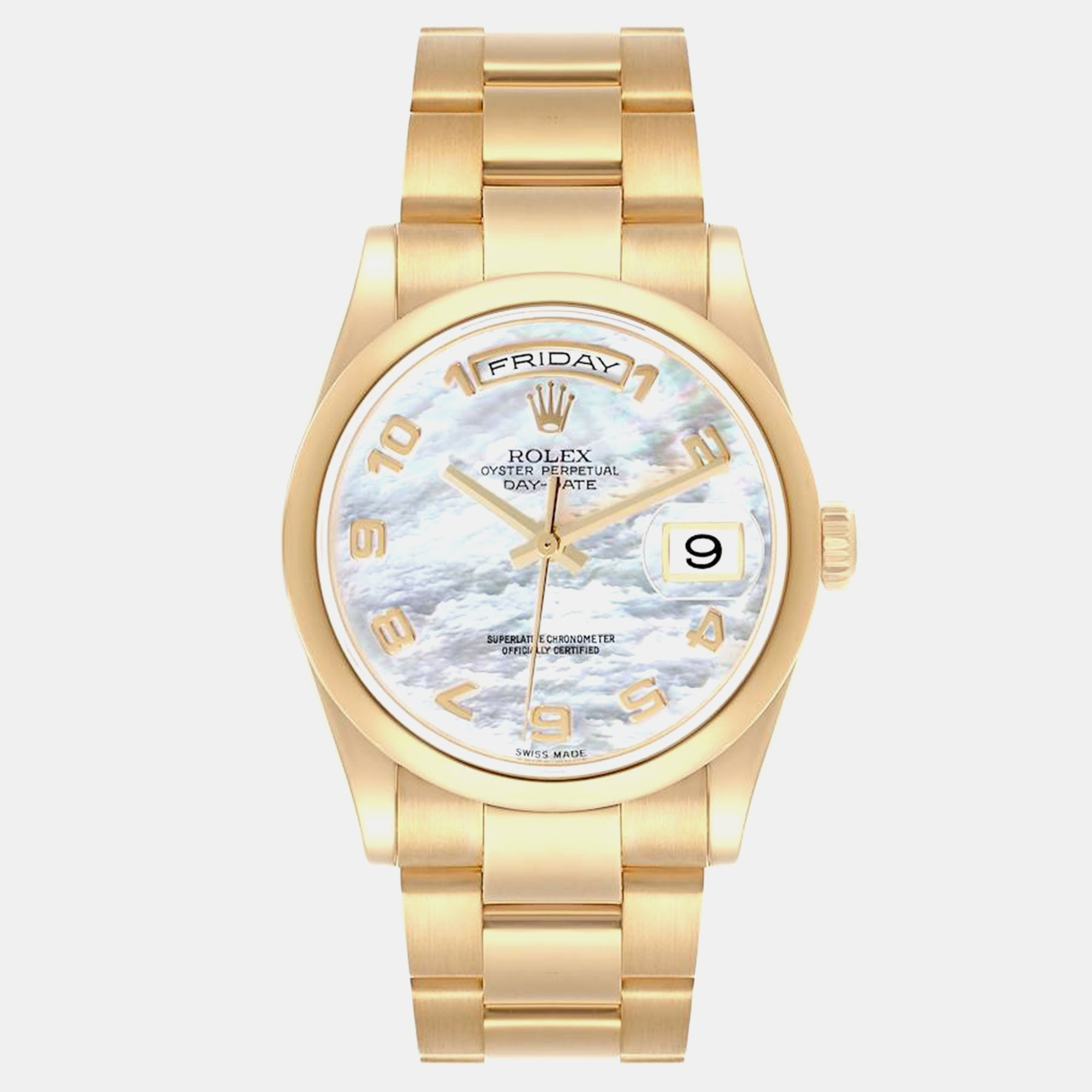 

Rolex President Yellow Gold Mother of Pearl Arabic Dial Men's Watch 36.0 mm, White