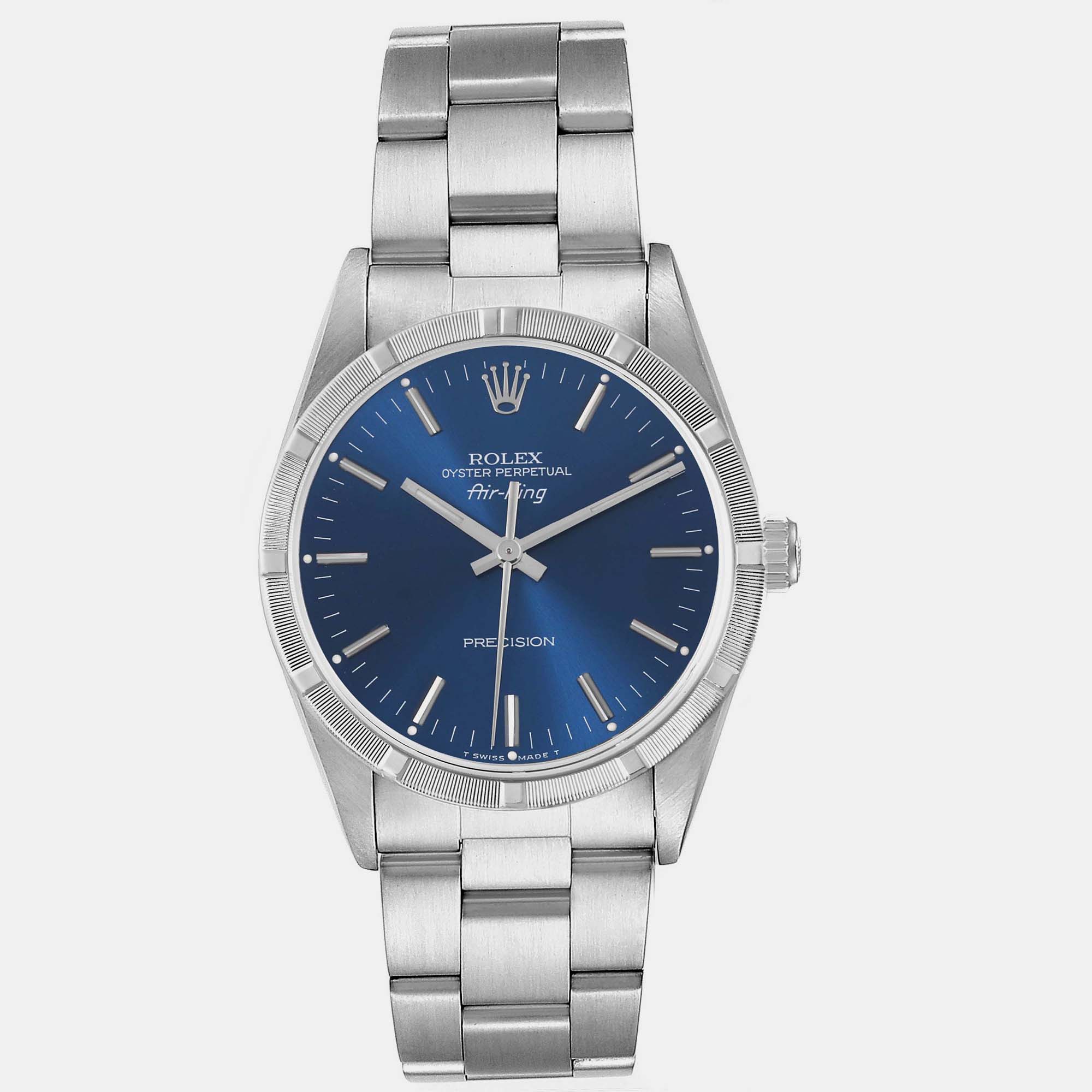 

Rolex Air King Engine Turned Bezel Blue Dial Steel Mens Watch 14010