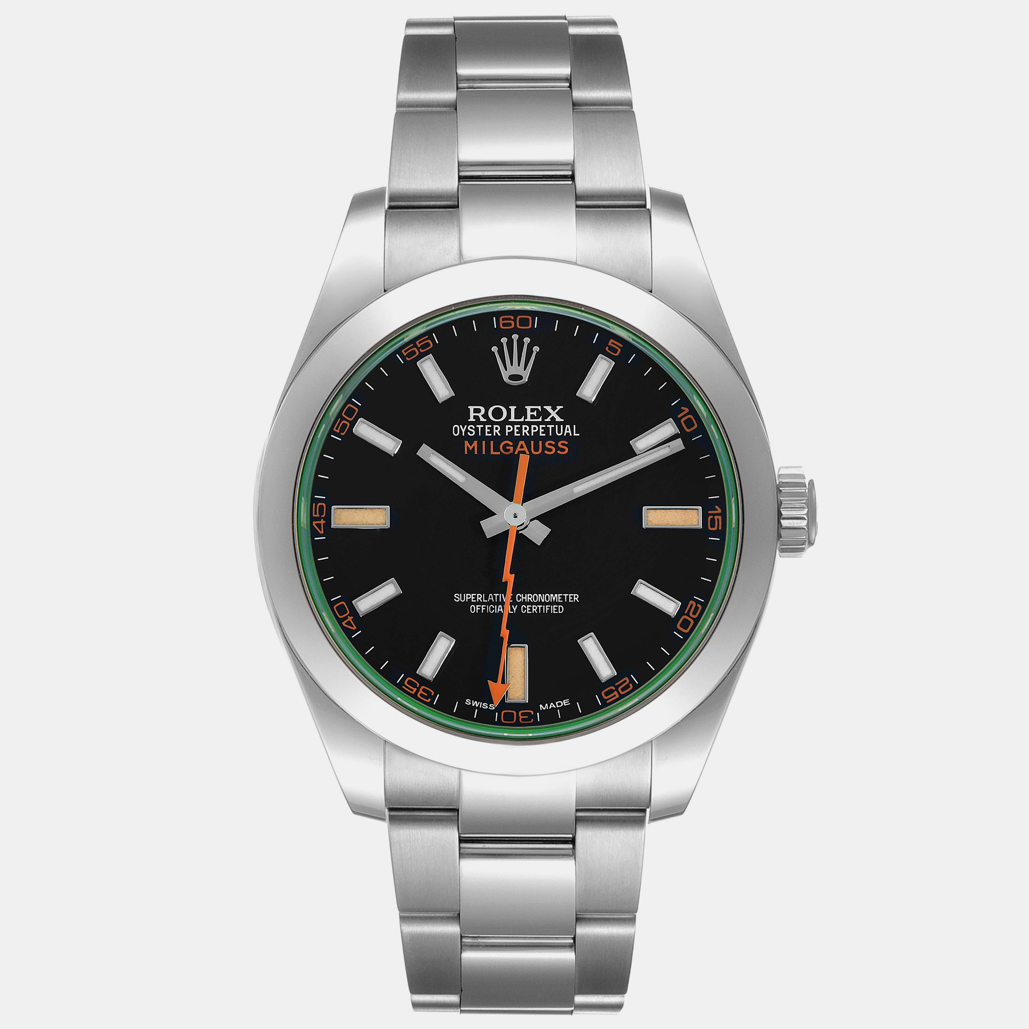 

Rolex Milgauss  Black Dial Green Crystal Steel Mens Watch 116400