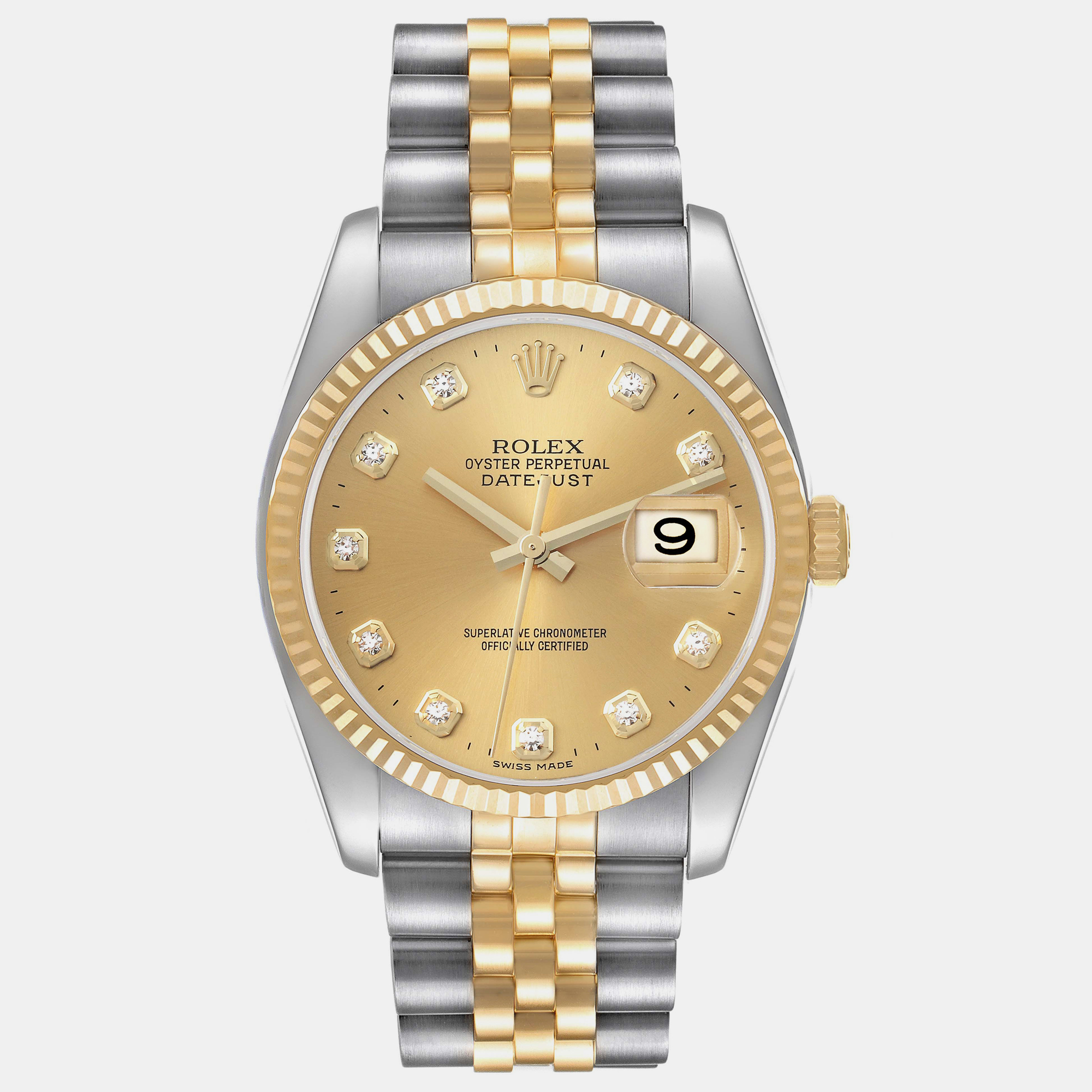 

Rolex Datejust Steel Yellow Gold Diamond Dial Mens Watch 116233